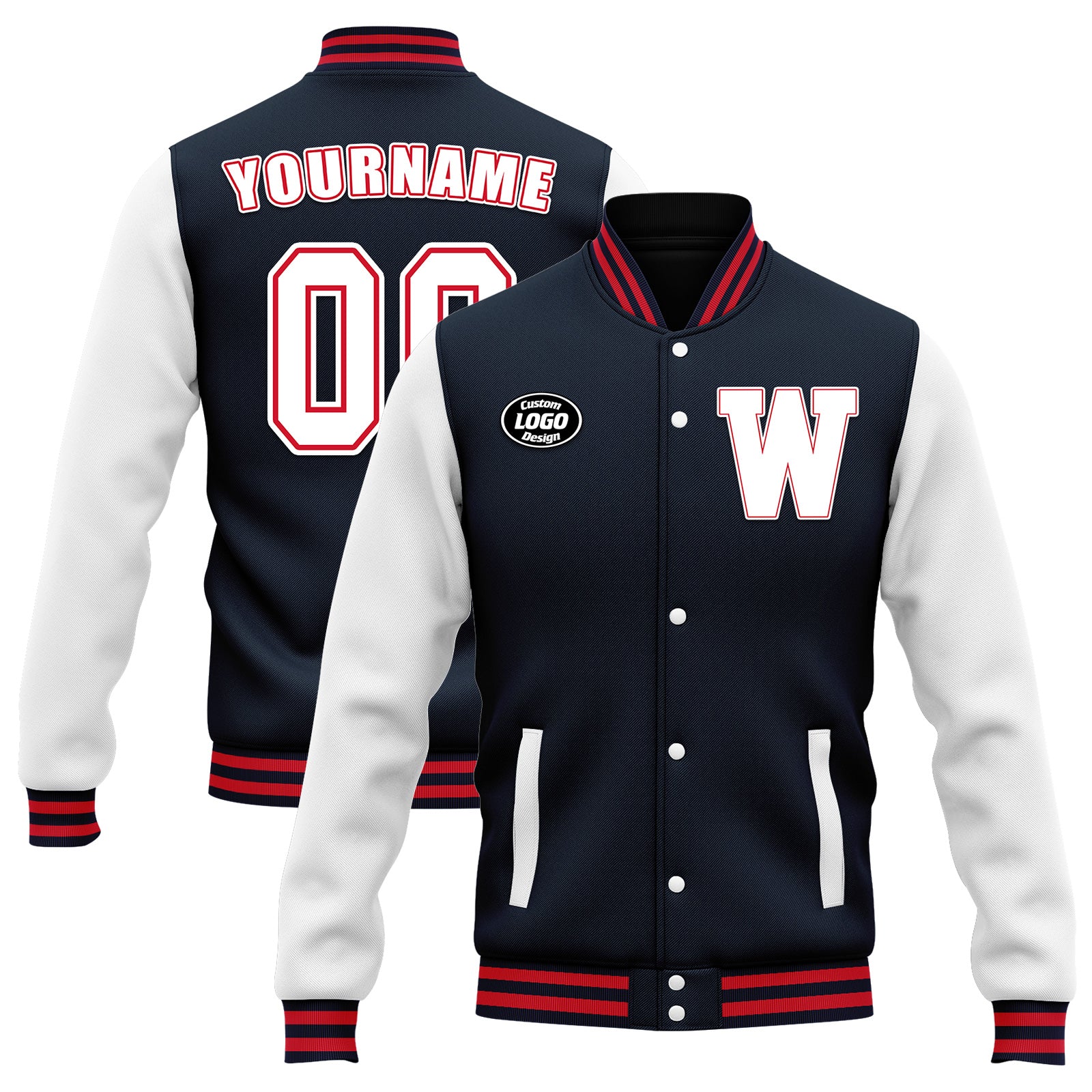 Custom Blue & White Bomber Jacket - Personalized Varsity Letterman Jacket with Full Snap Closure (FZ005 D020255) - Perfect for Sports Teams, School Events & Casual Wear
