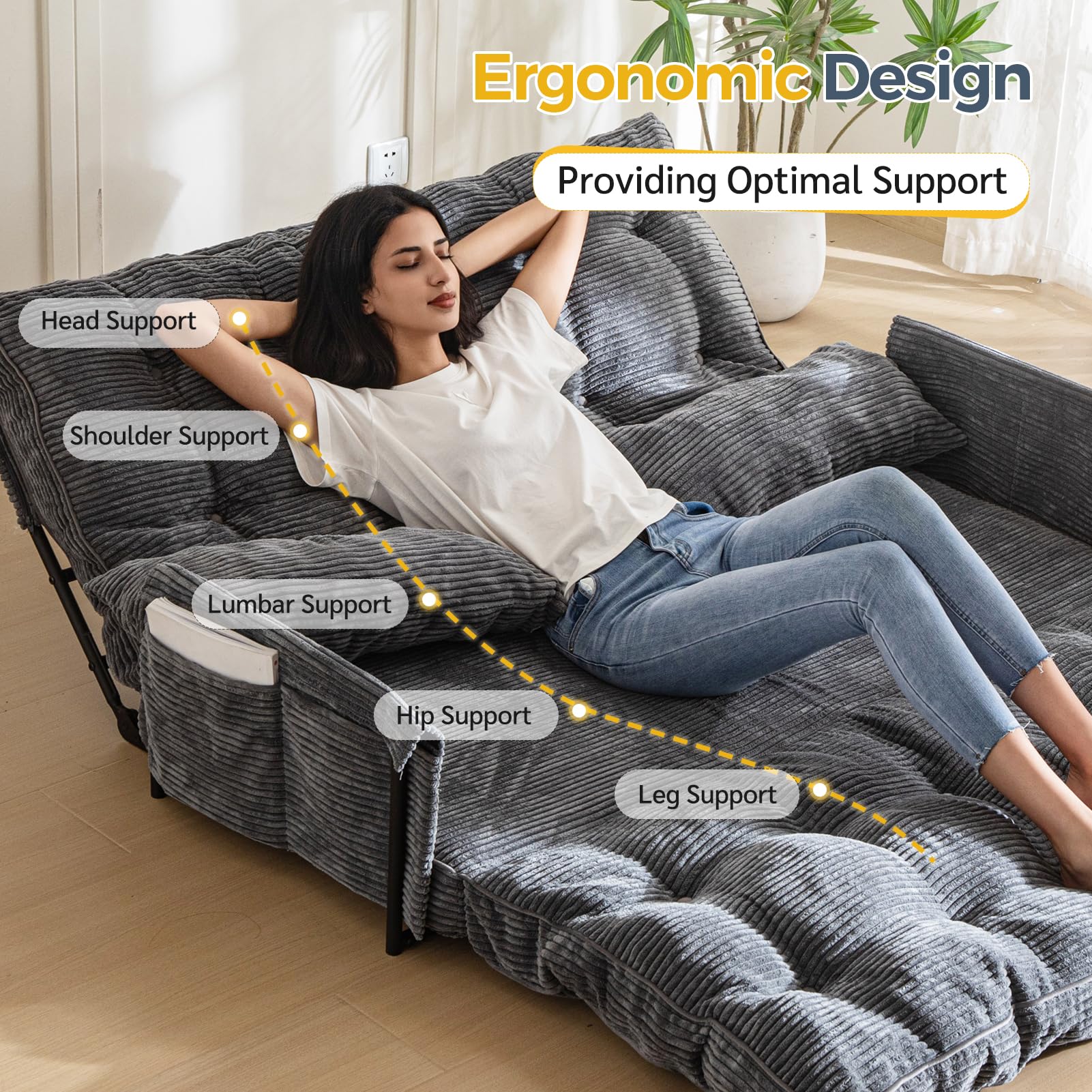 MAXYOYO Adjustable Floor Sofa Bed with 2 Pillows - Multi Functional Bean Bag Sleeper Bed with Armrest for Reading, Gaming & Lounging - Dark Grey - Perfect for Small Spaces, Dorm Rooms & Home Theater Seating