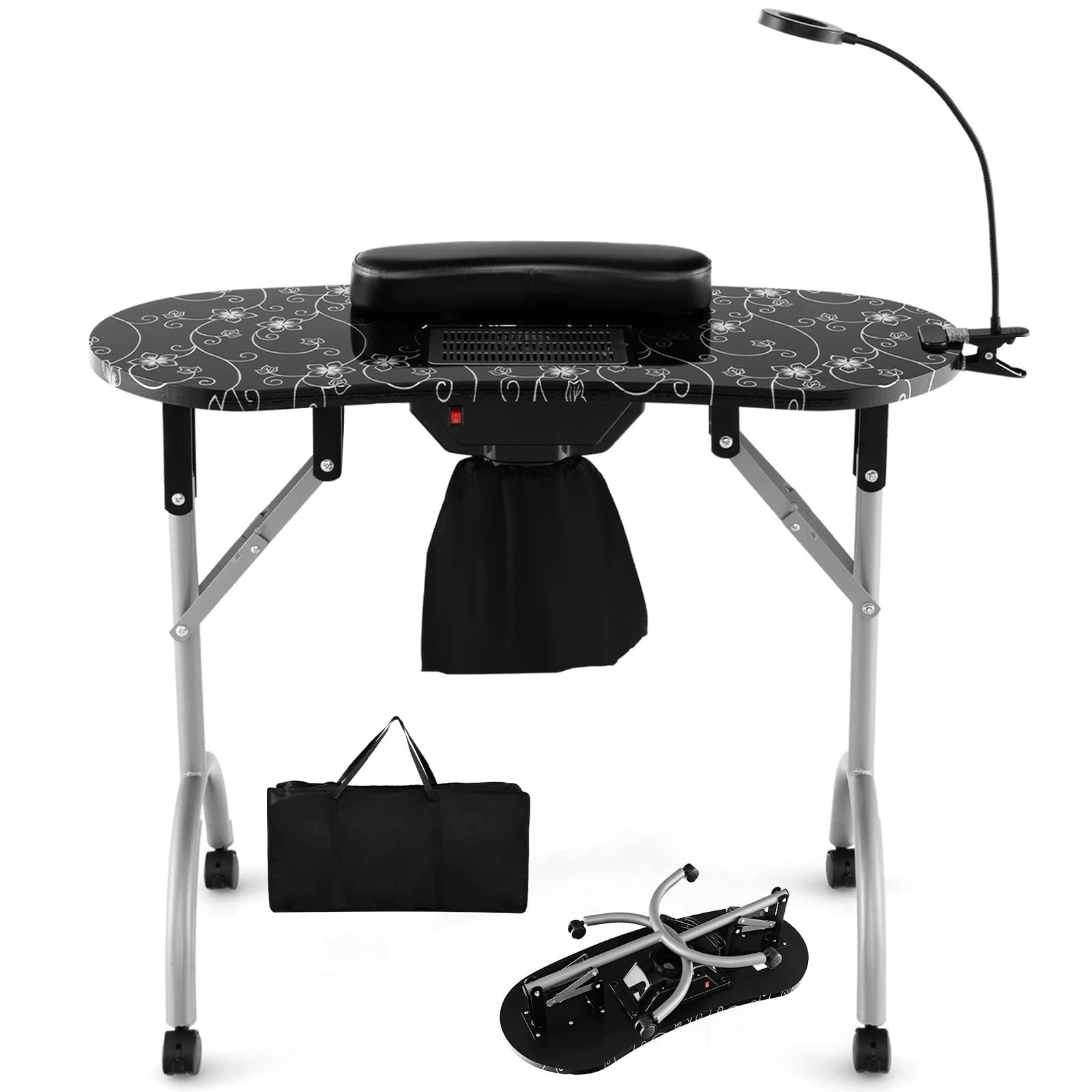 Portable Nail Desk with Electric Dust Collector & Bendable LED Lamp - Folding Manicure Table with Lockable Wheels, Removable Armrest Pad - Perfect for Nail Techs, Home Salon & Professional Use