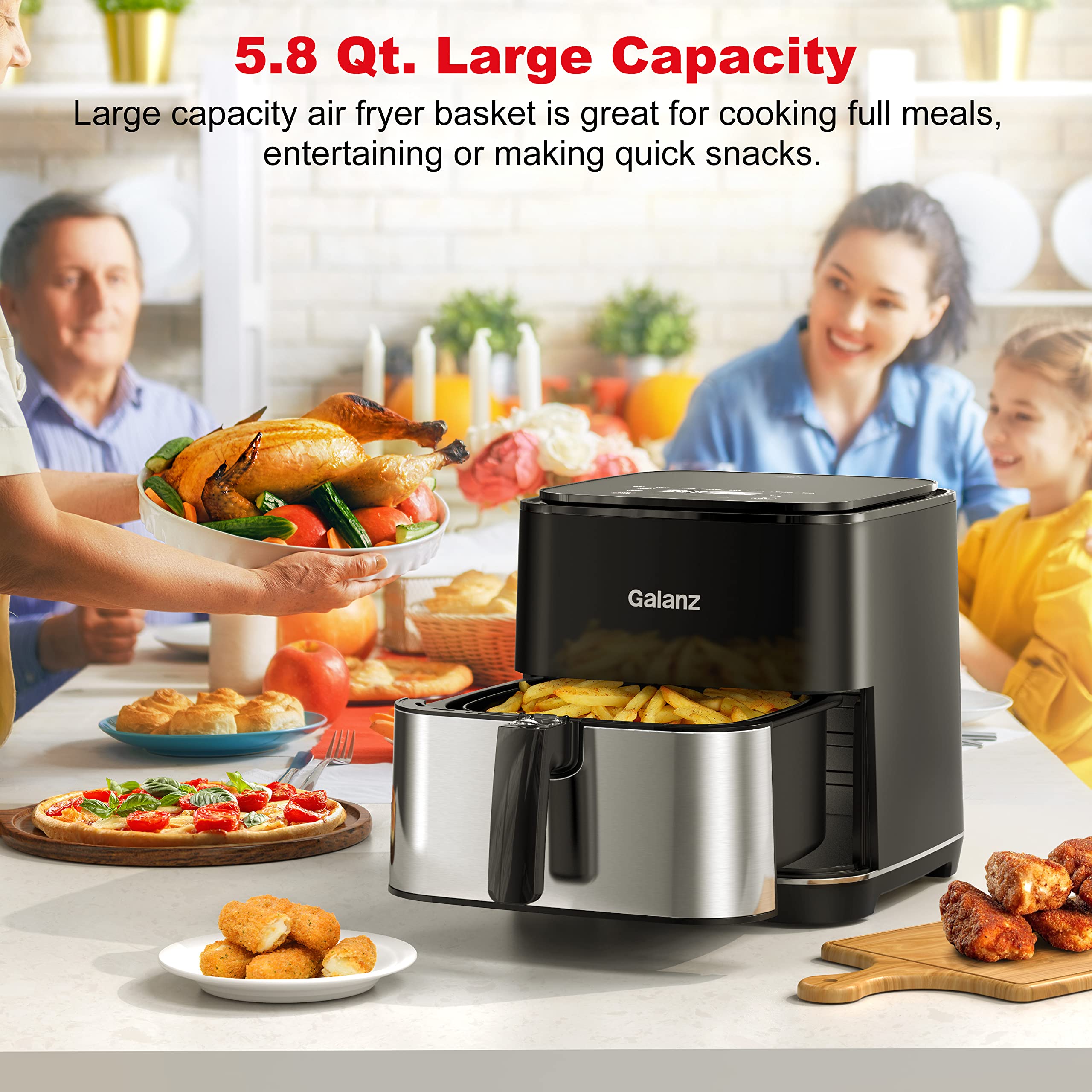 Galanz 5.8 Quart Stainless Steel Digital Air Fryer - Oil Free, Touch Control Panel, 8 Preset Functions, Shake Reminder & Nonstick Basket - Perfect for Healthy Cooking, Family Meals & Quick Snacks