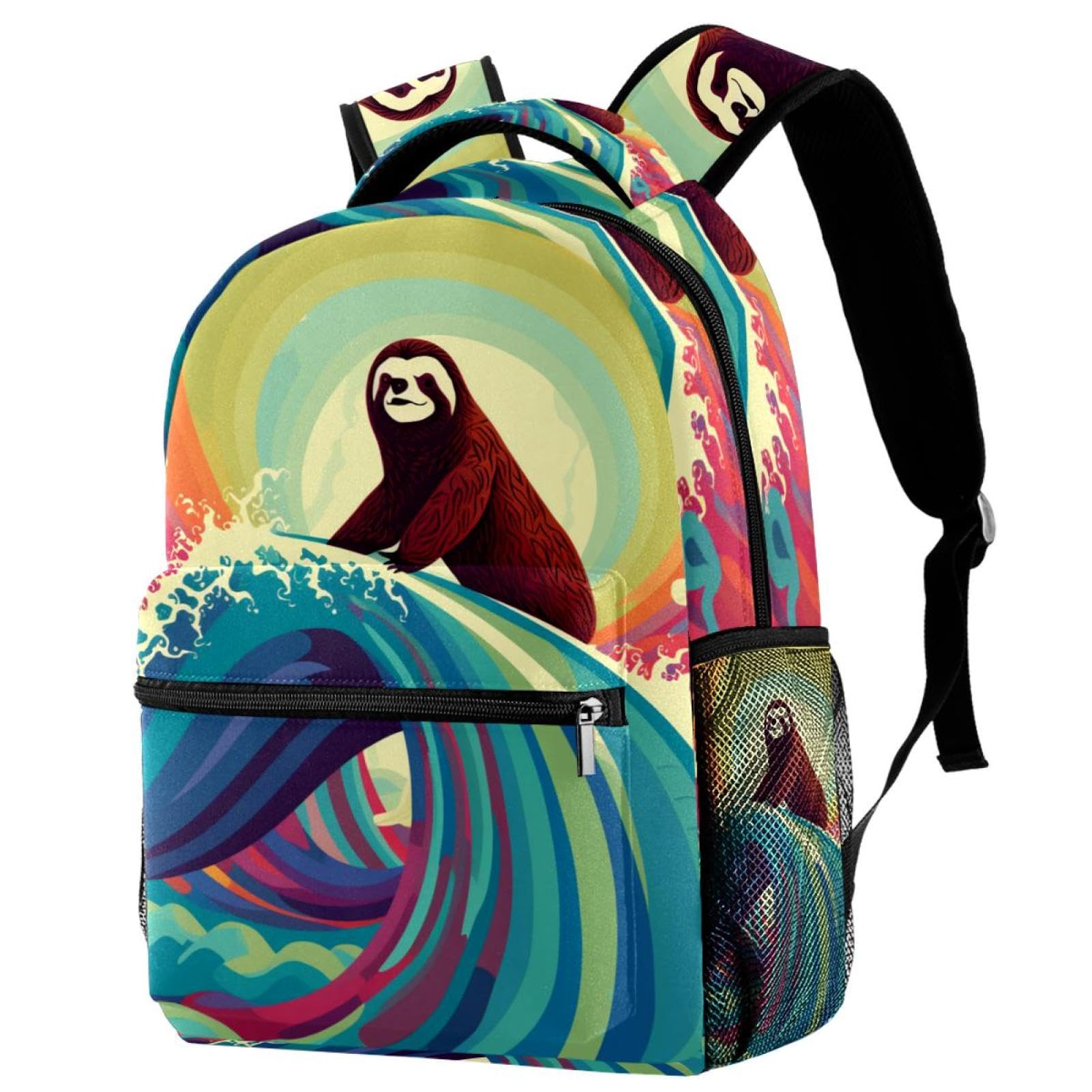 Stylish Travel Backpack for Women & Men - Abstract Wave Sloth Surfing Design - Lightweight Durable Carry-On Backpack for Commuting, College, Hiking & Travel Adventures