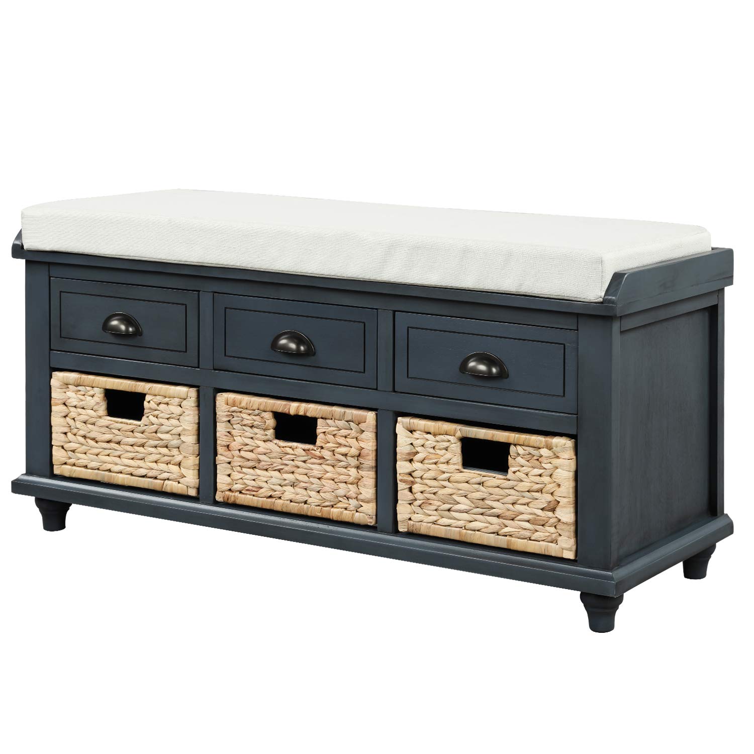 Solid Wood Entryway Storage Bench with Drawers & Baskets - Antique Navy Hallway Bench with Cushion for Living Room, Bedroom & Entryway | Perfect for Small Space Organization & Shoe Storage