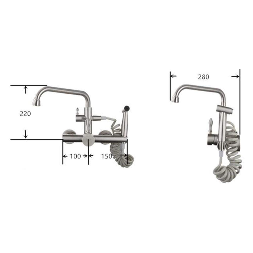 Stainless Steel Brushed Wall Mount Kitchen Sink Faucet with Pull Down Sprayer - 2 Mode Rotatable Hot and Cold Water Mixer Tap for Modern Home Kitchen Renovation & Dishwashing