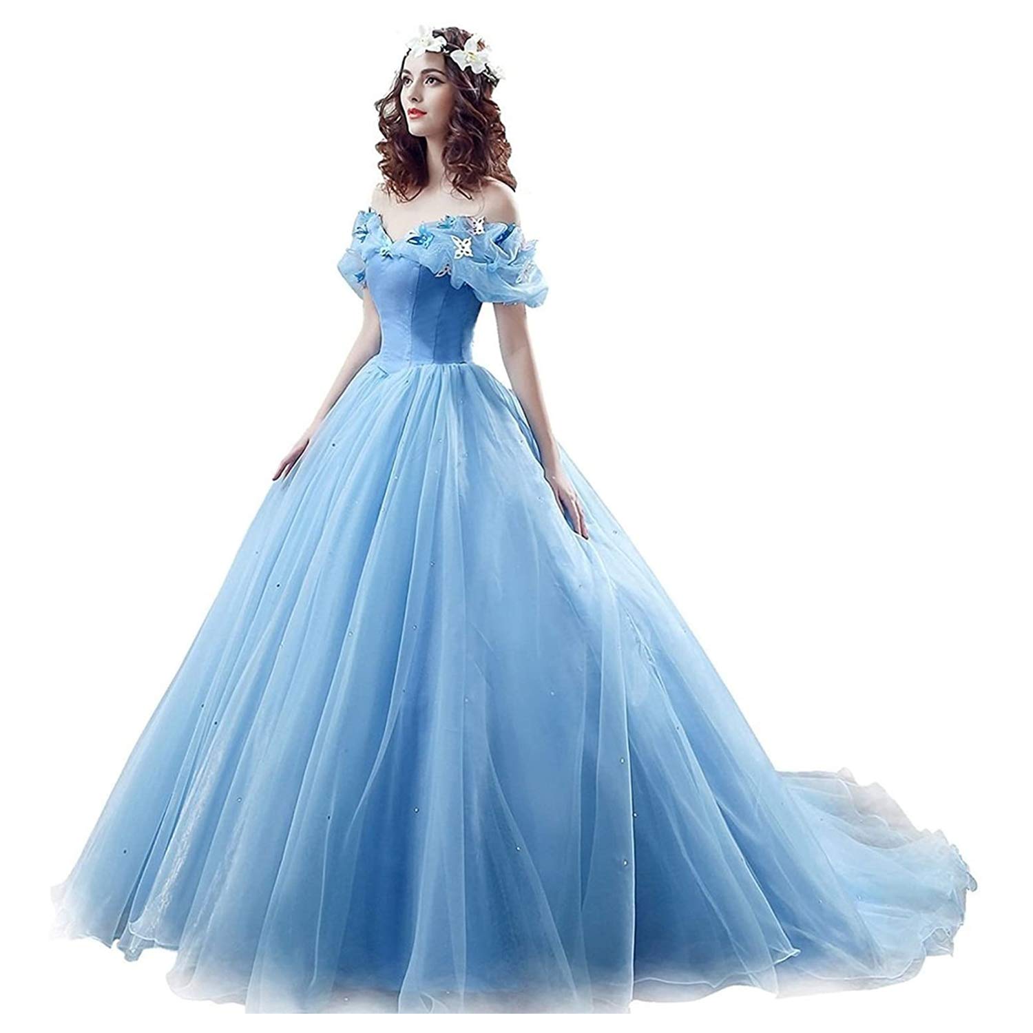 2024 Blue Ball Gown Prom Dress - Off Shoulder Organza Long Evening Gown for Cinderella Cosplay, Princess Party & Formal Events | Elegant Homecoming, Quinceañera & Wedding Guest Dress