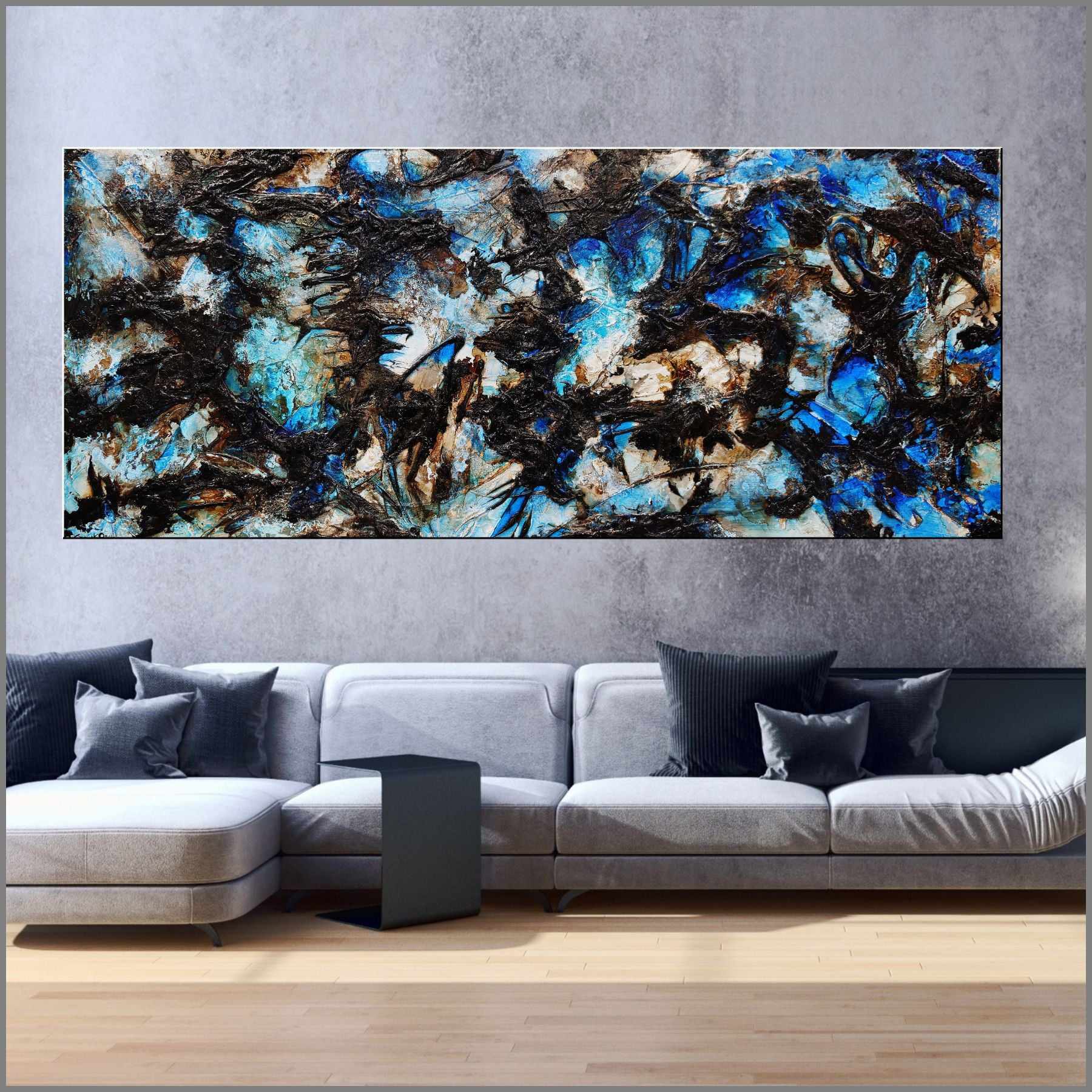 240cm x 100cm Blue Black Textured Abstract Painting - Modern Wall Art for Living Room, Bedroom & Office Decor | Ice Over Licorice Inspired Design