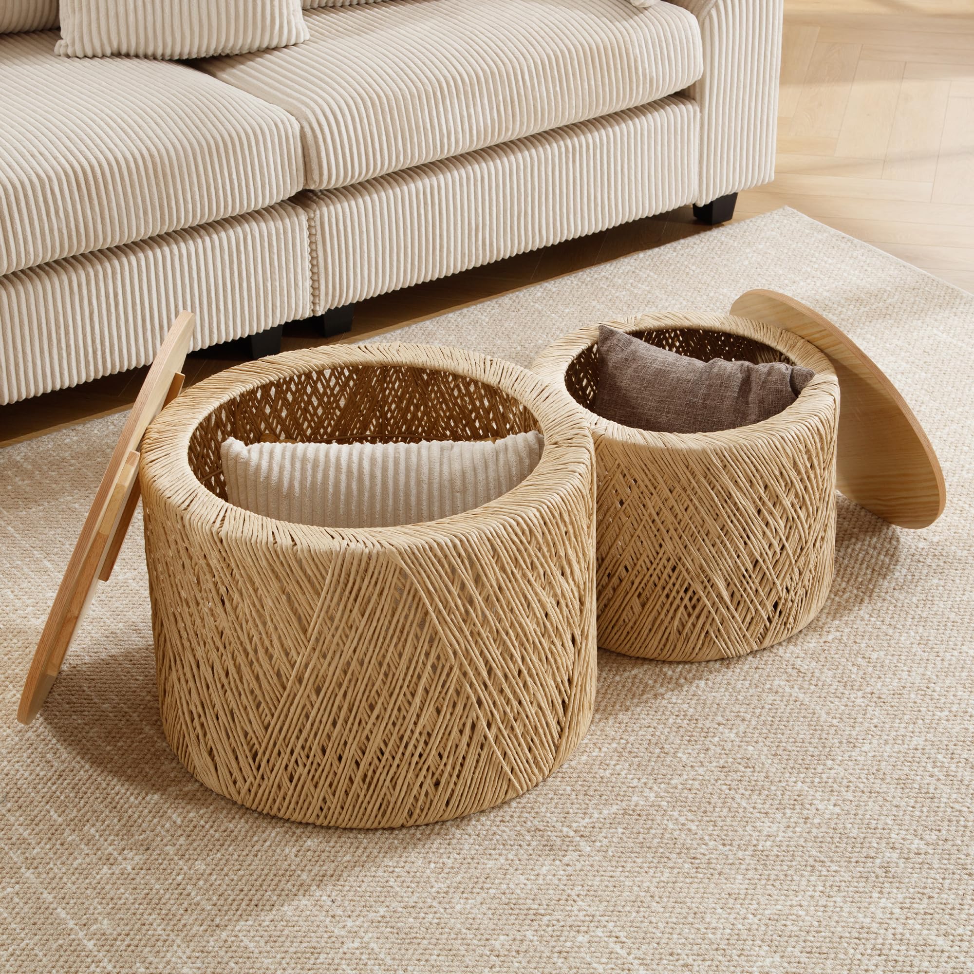 Rustic Round Coffee Table with Storage - Handwoven Rattan Lift Top Boho Side Table for Living Room, Bedroom & Patio - Natural Wood Nesting Table for Home Decor