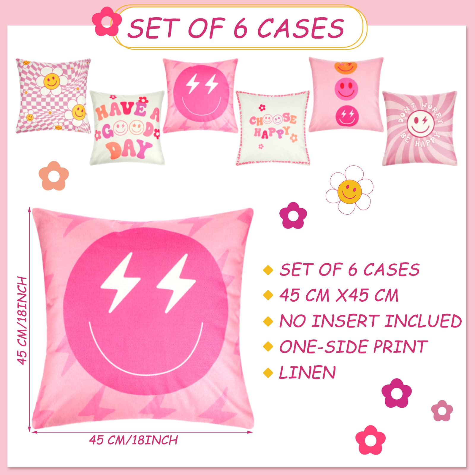 Peryiter 6-Pack 18x18 Inch Decorative Preppy Throw Pillow Covers - Cute Aesthetic Smile Face Design for Bedroom, Living Room & Dorm Decor - Soft & Stylish Home Accent Pillows