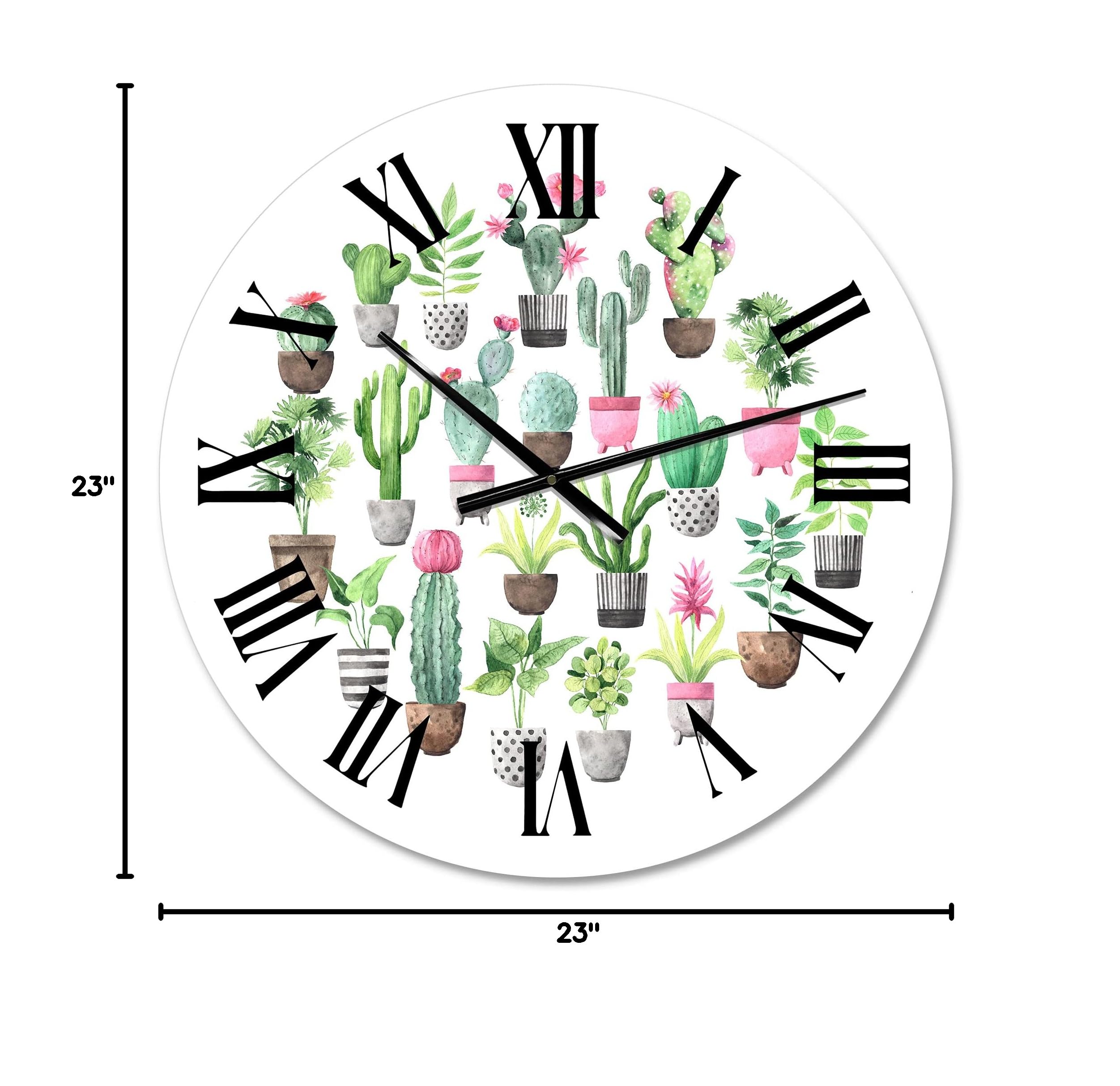 DesignQ Traditional Wall Clock - Cacti in Ceramic Pots with Gentle Tones II, Large Floral Botanical Wall Clock for Kitchen, Living Room, Bedroom & Office Decor