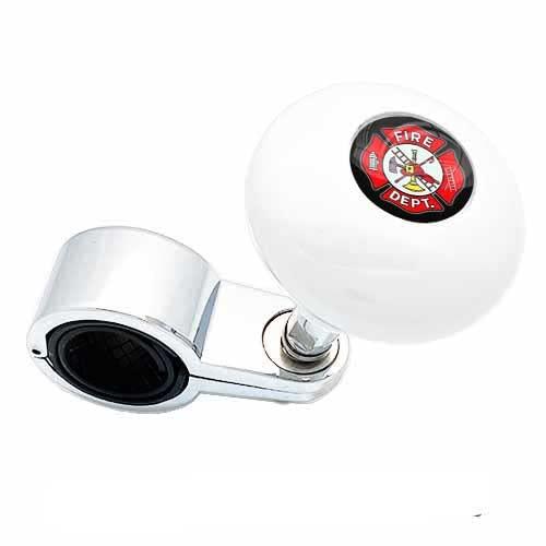 Pearl White Heavy Duty Steering Wheel Spinner Knob - Suicide Brody Knob for Hot Rod, Custom Cars, Trucks, SUVs, Tractors, Trailers & Boats - Fire Department Firefighter Logo - Perfect for Off-Roading, Towing & Emergency Vehicles