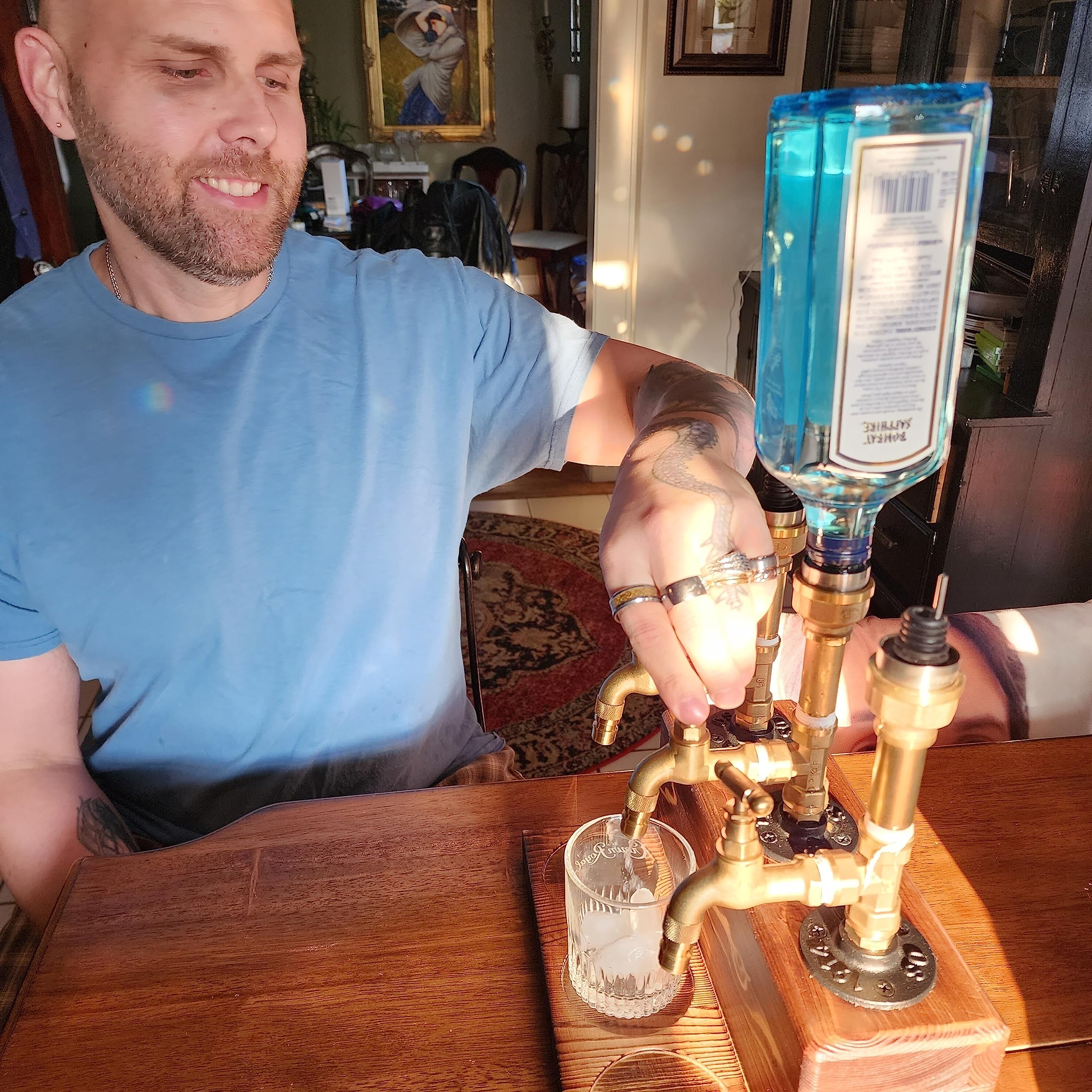 Premium Wooden Liquor Dispenser with Solid Base & Real Brass Spout - Leakproof & Smooth Pouring for Home Bars - Perfect Alcohol Gift for Men (Father's Day, Housewarming, Anniversary) - Ideal for Whiskey, Vodka & Cocktail Serving