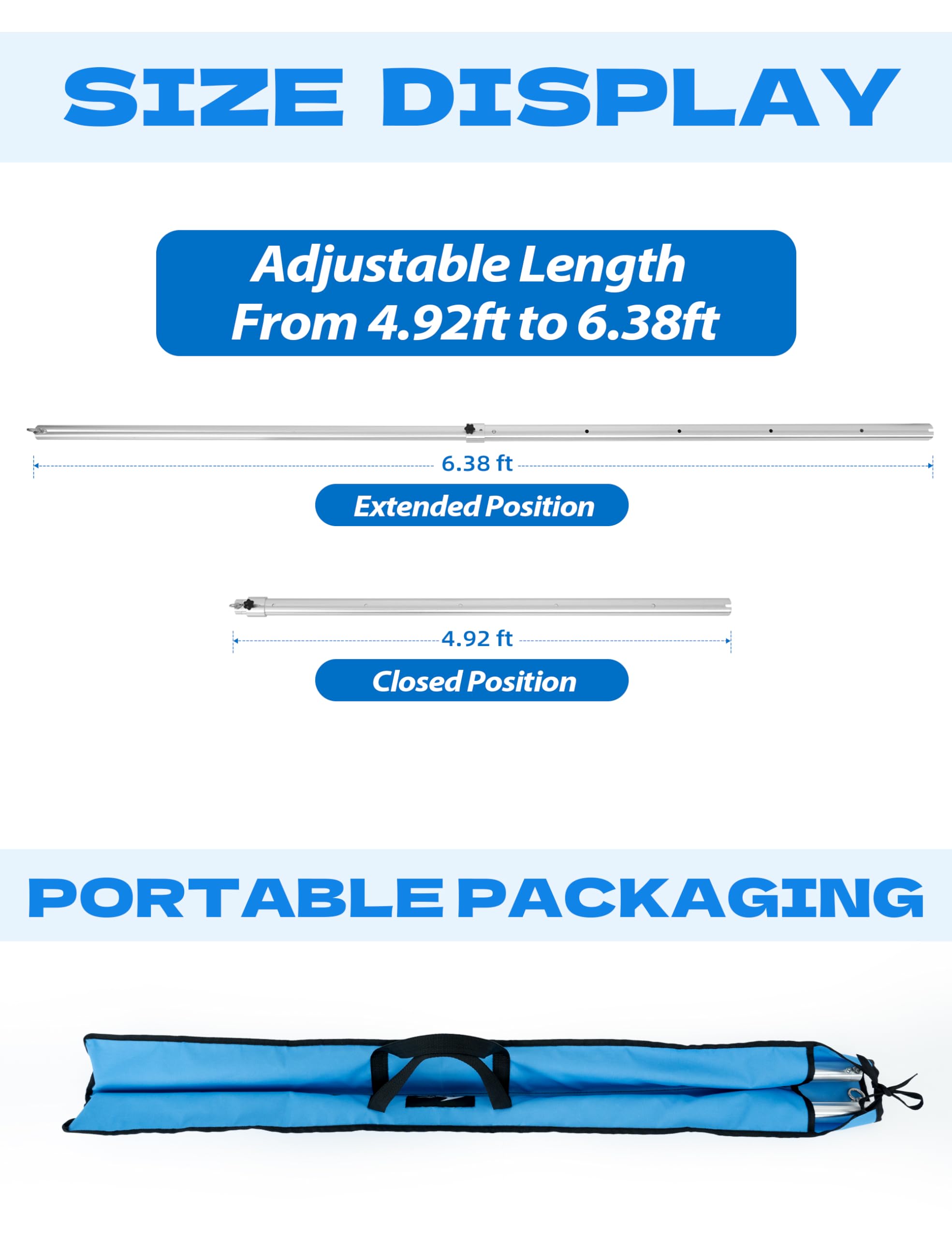 BLUEWING 2-Pack Adjustable Sunshade Support Pole for Fishing Boats - 6061 Aluminum Alloy Heavy Duty Canopy Pole, Outdoor Umbrella Pole & Sun Shade Sail Pole (Extends to 6.38ft) - Perfect for Marine, Camping, Beach & Backyard Use