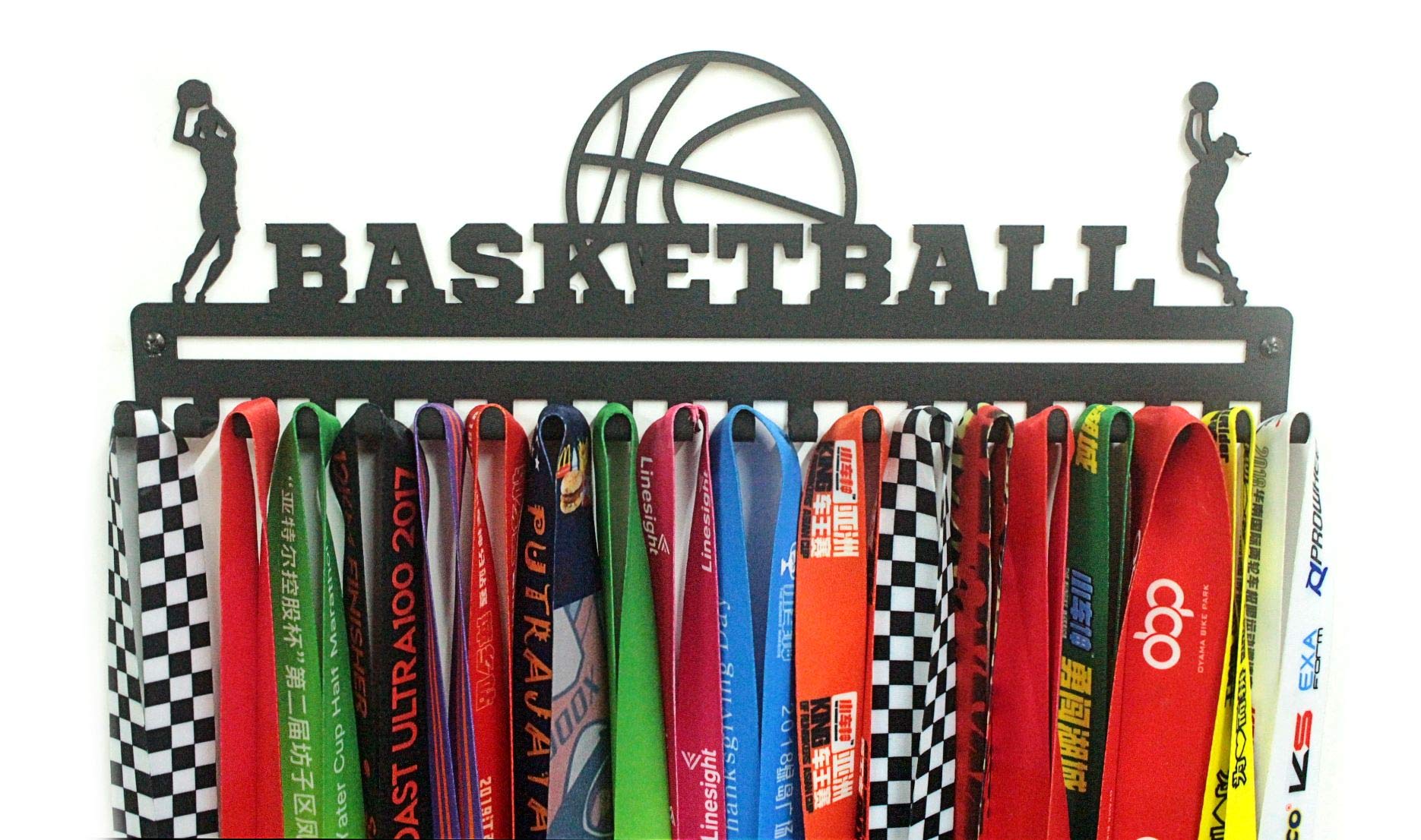 Metal Wall Mount Medal Holder & Floating Shelves - 20 Hooks for Basketball, Sports Lanyards, Ribbons - Easy Install Display Rack - Perfect Gift for Athletes, Kids & Adults (Black) - Ideal for Trophy Rooms, Bedroom Decor & Sports Awards Ceremonies
