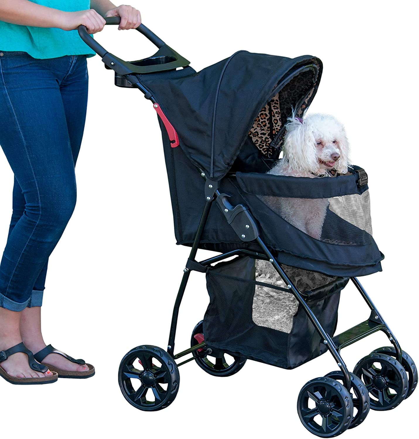 Pet Gear No-Zip Happy Trails Lite Pet Stroller for Small Dogs & Cats - Zipperless Entry, Foldable Design with Removable Washable Liner, Safety Tether, Storage Basket & Cup Holder - Lightweight Travel Stroller for Park Walks, Vet Visits & Shopping Trips (3 Color Options)