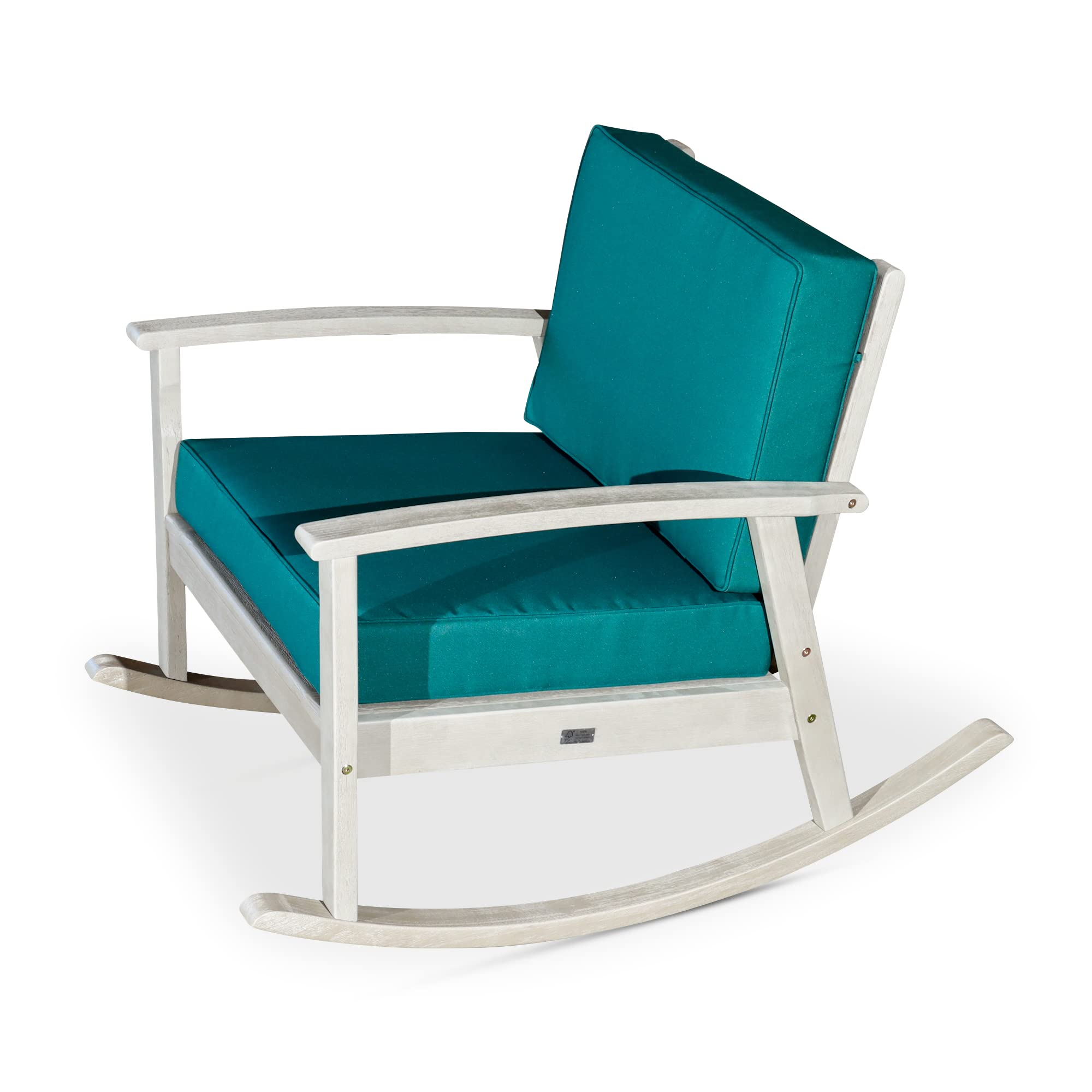 DTY Outdoor Living Longs Peak Deep Seat Eucalyptus Rocker - Driftwood Gray Finish with Dark Green Cushions | Patio Furniture for Garden, Porch & Backyard Relaxation