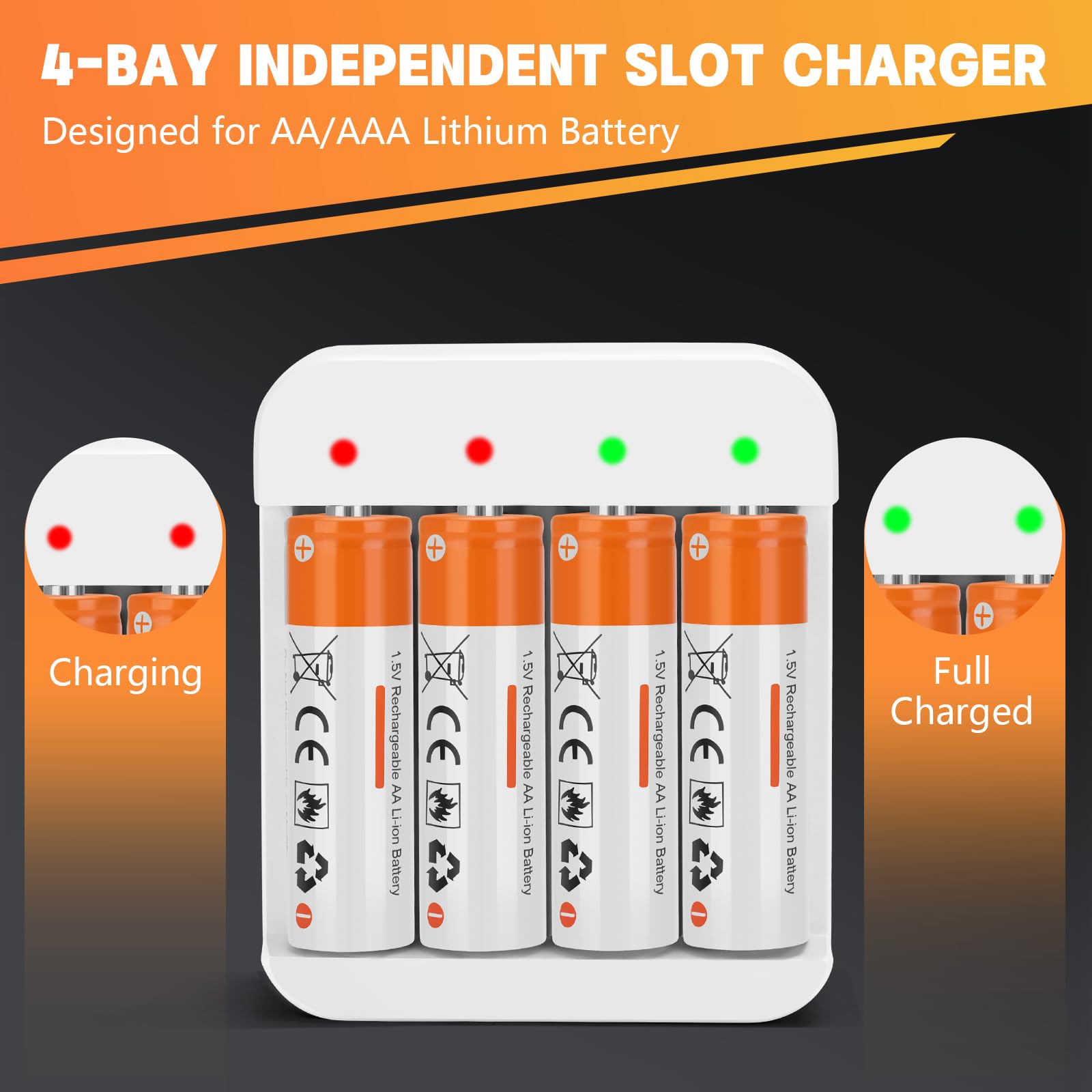 12 Pack 1.5V AA Lithium Rechargeable Batteries 2600mWh with Fast Charger - Long Lasting Double A Batteries for Blink Security Cameras, Wireless Keyboards & Household Devices (4 Bay Independent Slot Charger)