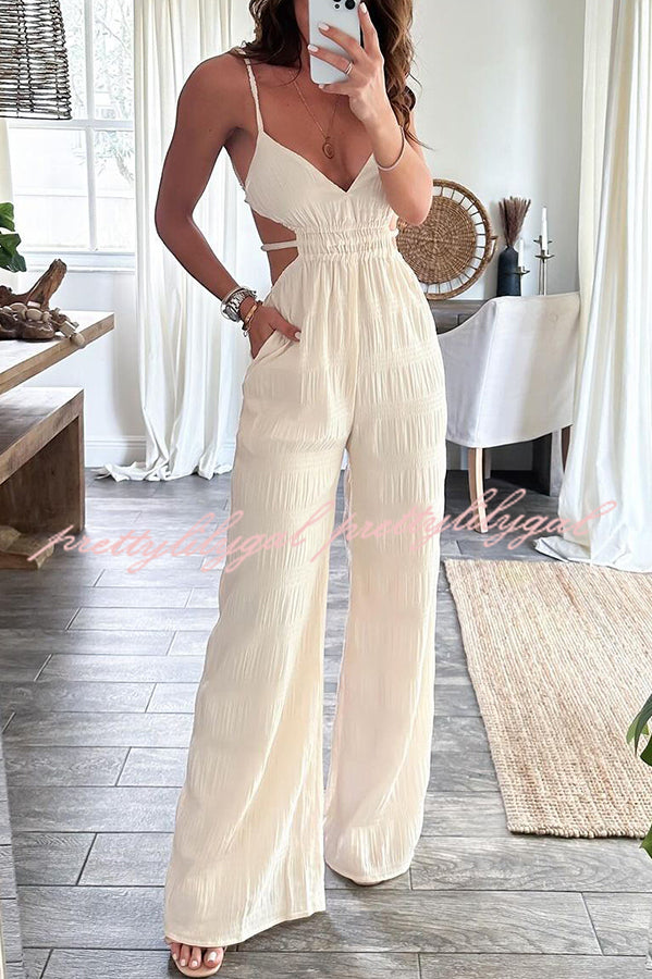 Stylish Crinkle Fabric Cut Out Backless Jumpsuit with Elastic Waist & Pockets - Perfect for Summer Vacations, Beach Getaways, and Night Out Parties