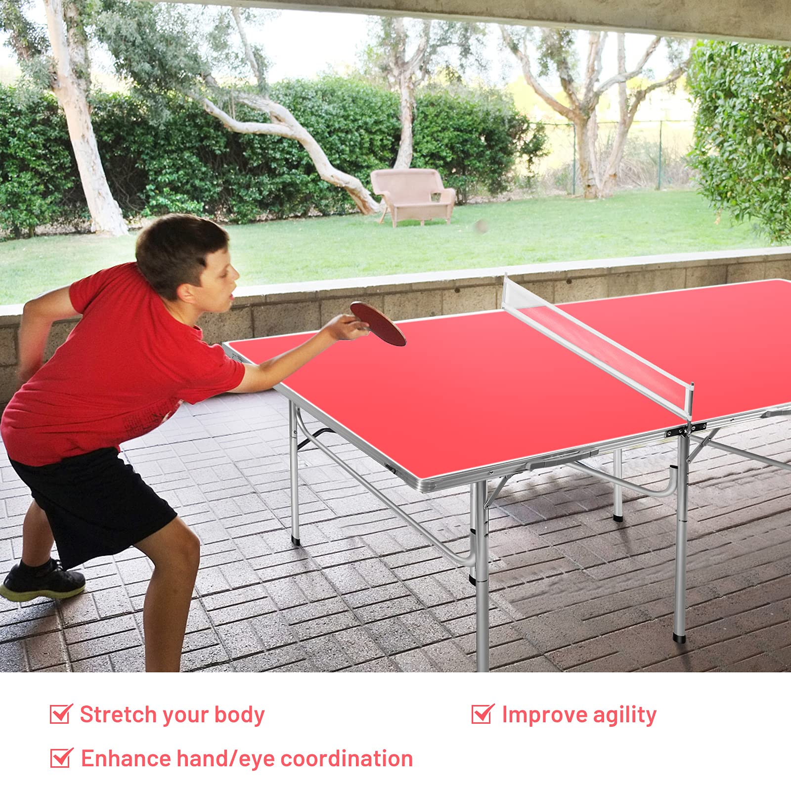 GYMAX Folding Indoor Ping Pong Table Set with Net, 2 Paddles & 2 Balls - Professional Free Standing Table Tennis Kit for Home, Office, Gym & Game Room
