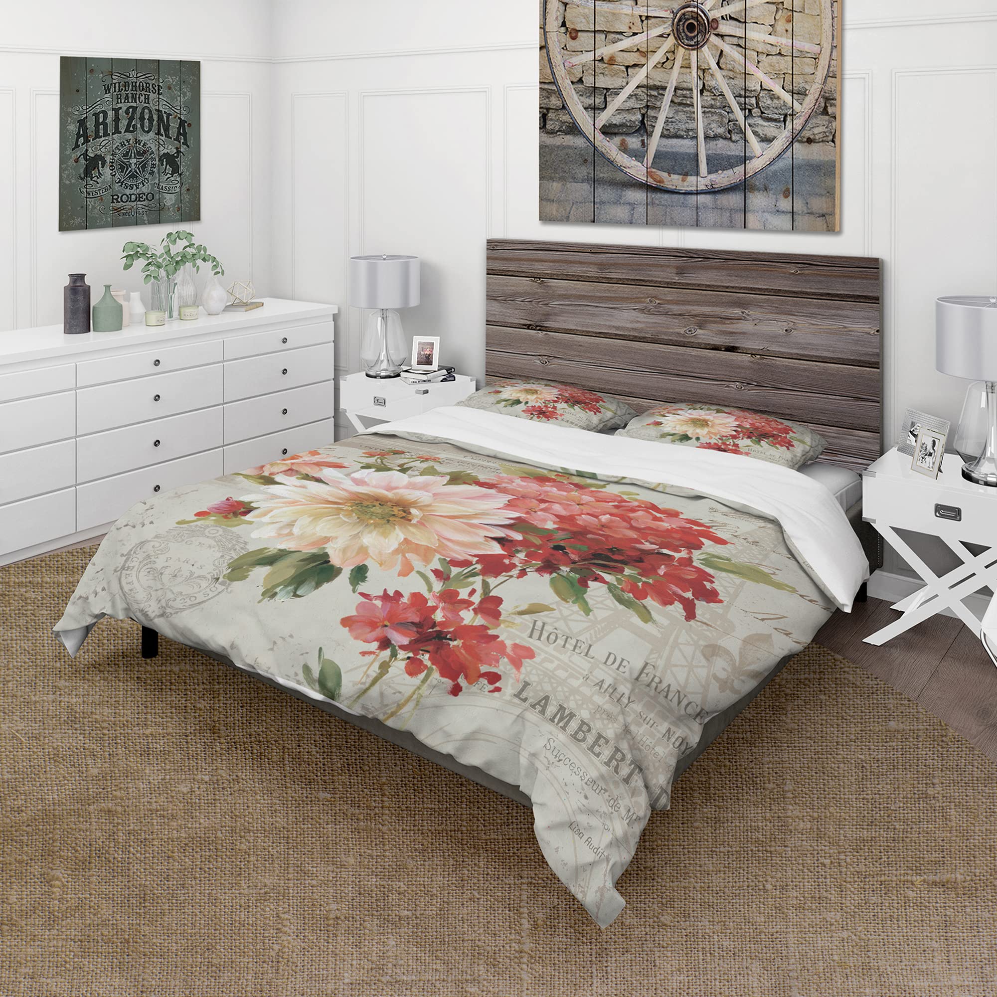Vintage Floral Duvet Cover Set - Red Painted Flowers Design, 3-Piece Twin Size Bedding Set for All Seasons | Perfect for Boho, Farmhouse & Traditional Bedroom Decor