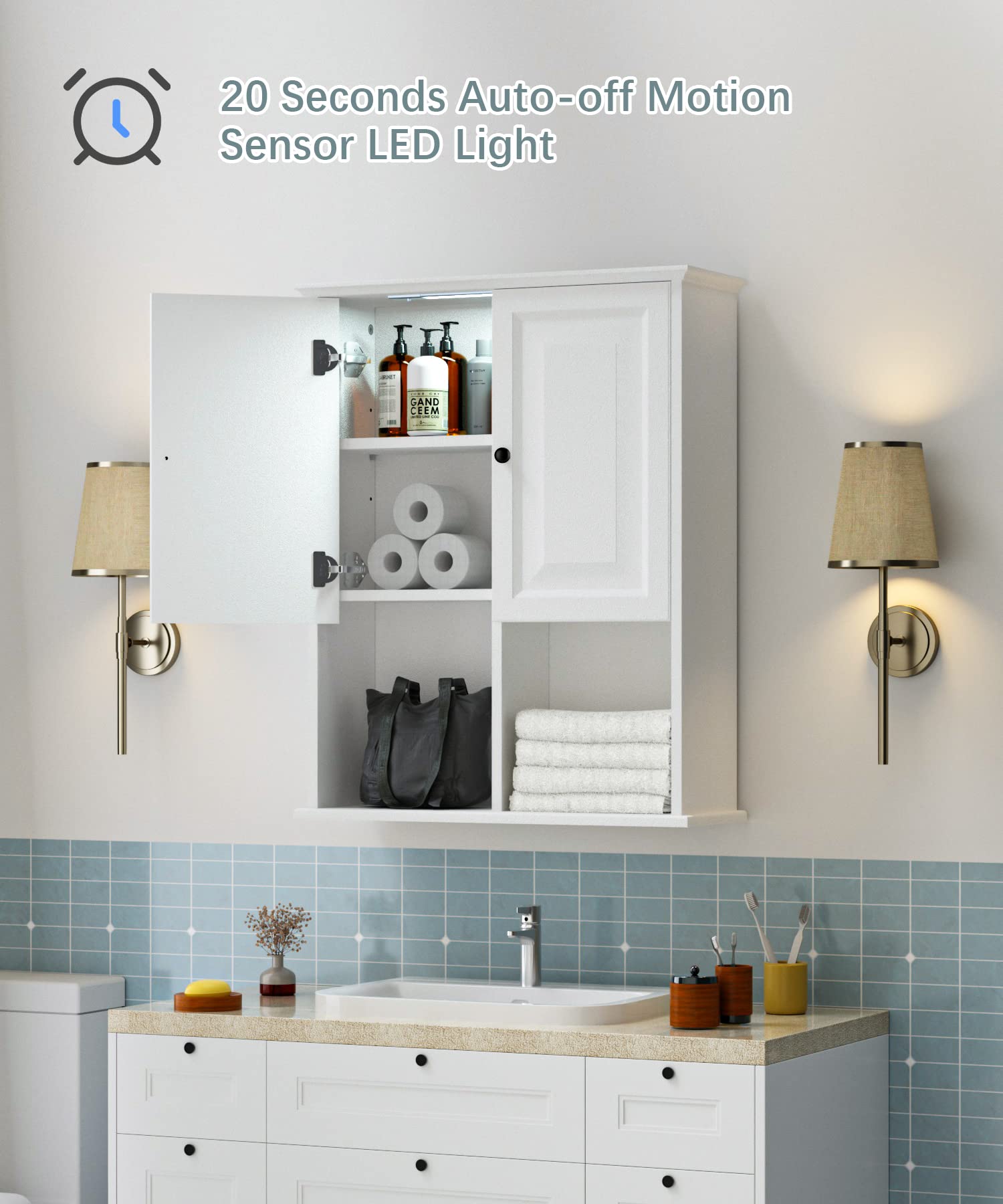 HAIOOU Motion Sensor LED Bathroom Wall Cabinet - Wooden Medicine Storage Cabinet with Adjustable Shelf, Buffering Hinges - Modern White Over Toilet Organizer for Bathroom, Bedroom & Home Decor