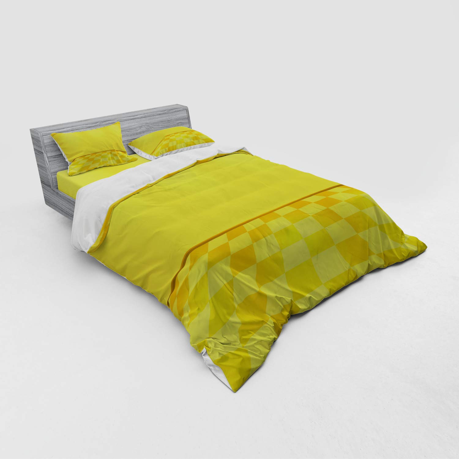 Ambesonne Yellow Bedding Set - 4 Piece Queen Duvet Cover with Shams & Fitted Sheet, Chess Pattern in Lemon Yellow & Cream | Soft Microfiber Bedding for Modern Bedroom Decor, Guest Room & Cozy Home