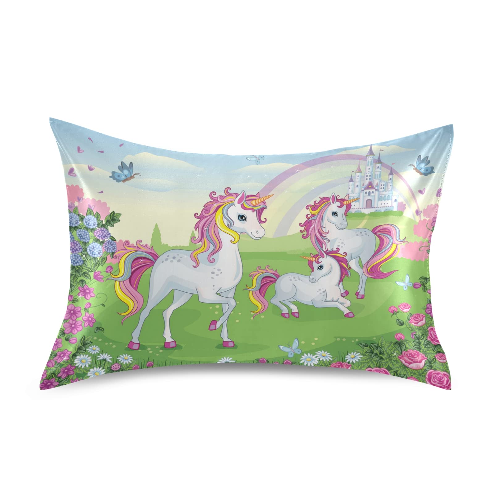 ALAZA Satin Pillowcase for Hair & Skin Care - Soft Standard Size 26x20 Inches with Unicorn, Castle & Rainbow Design - Perfect for Beauty Sleep & Bedroom Decor