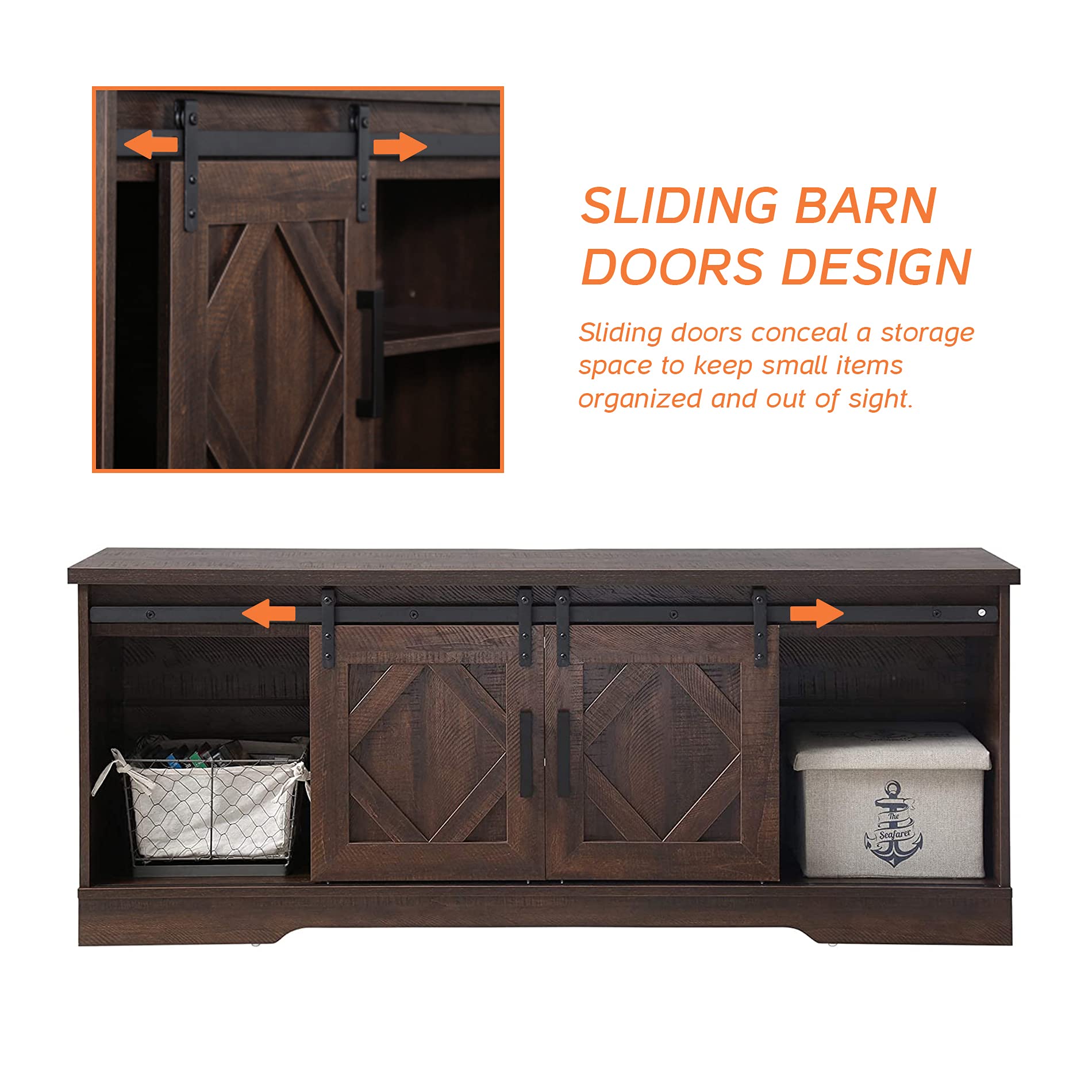 WAMPAT 65 Inch Rustic Brown Farmhouse TV Stand with Sliding Barn Doors - 3-Tier Adjustable Shelf Entertainment Center Cabinet for Living Room, Bedroom & Home Theater Setup