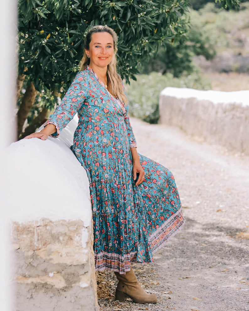 Elegant Wrap Dress in Amber Blue - Flattering Women's Midi Dress for Casual Wear, Office & Special Occasions