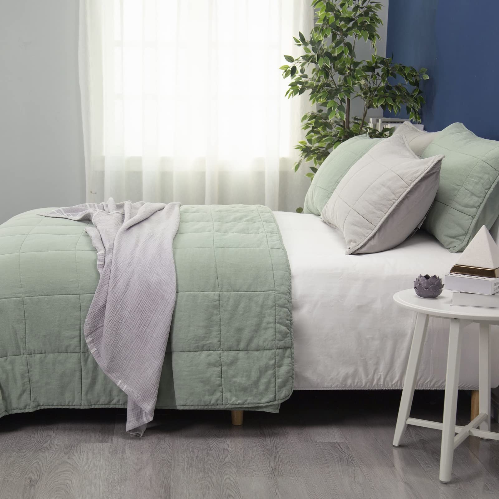 Meadow Park Stonewashed Linen Blend Box Stitch Quilt Set with Matching Pillow Shams - 3 Piece Queen Size Bedding in Sage Green | Cozy Farmhouse Style for Master Bedroom & Guest Room Decor