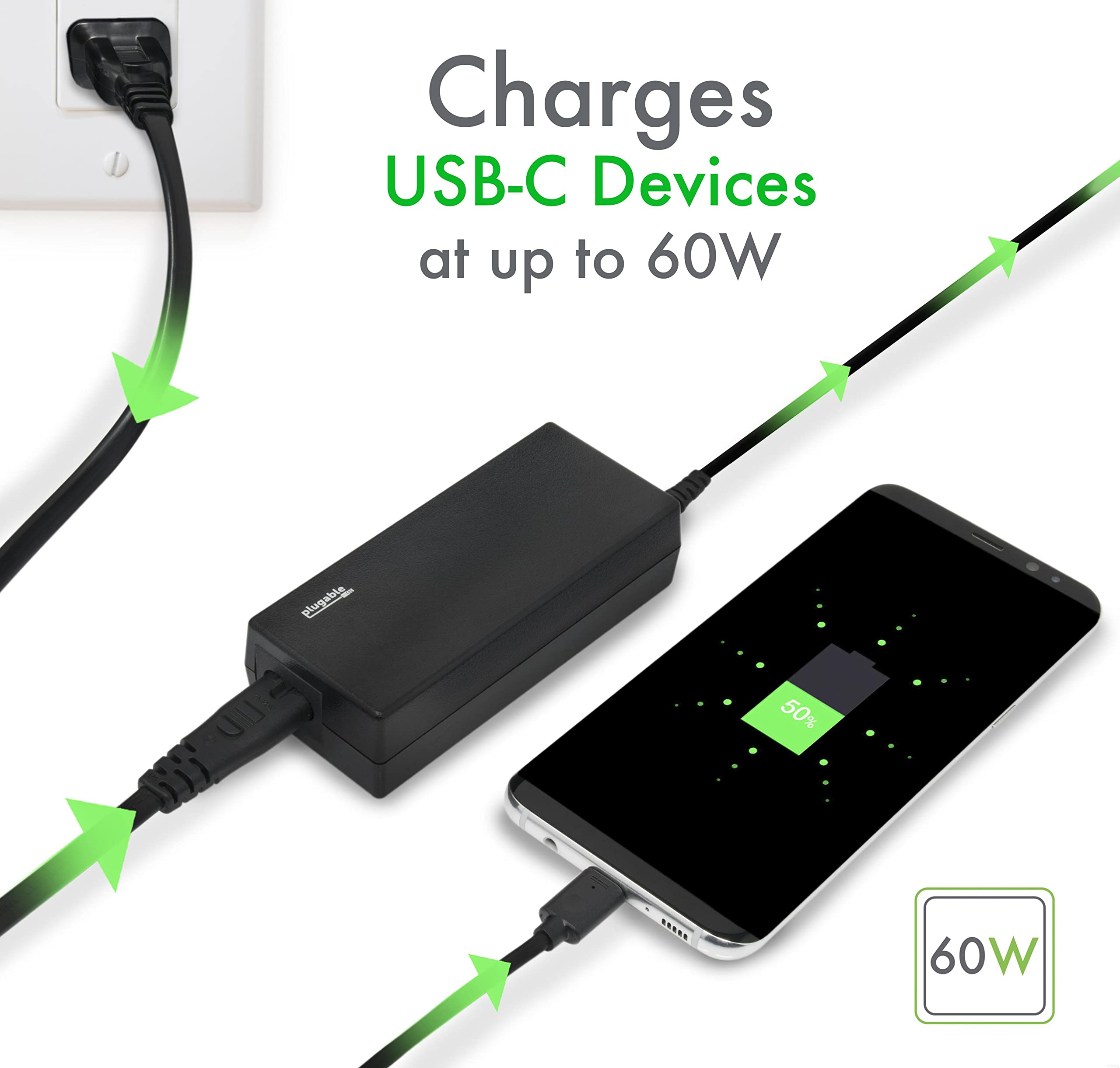 Plugable 60W USB-C Laptop Charger Replacement - Fast Charging Type C Power Adapter for Chromebooks (Samsung/HP/Dell/Lenovo/Acer/Asus) - Perfect for Home, Office & Travel Use
