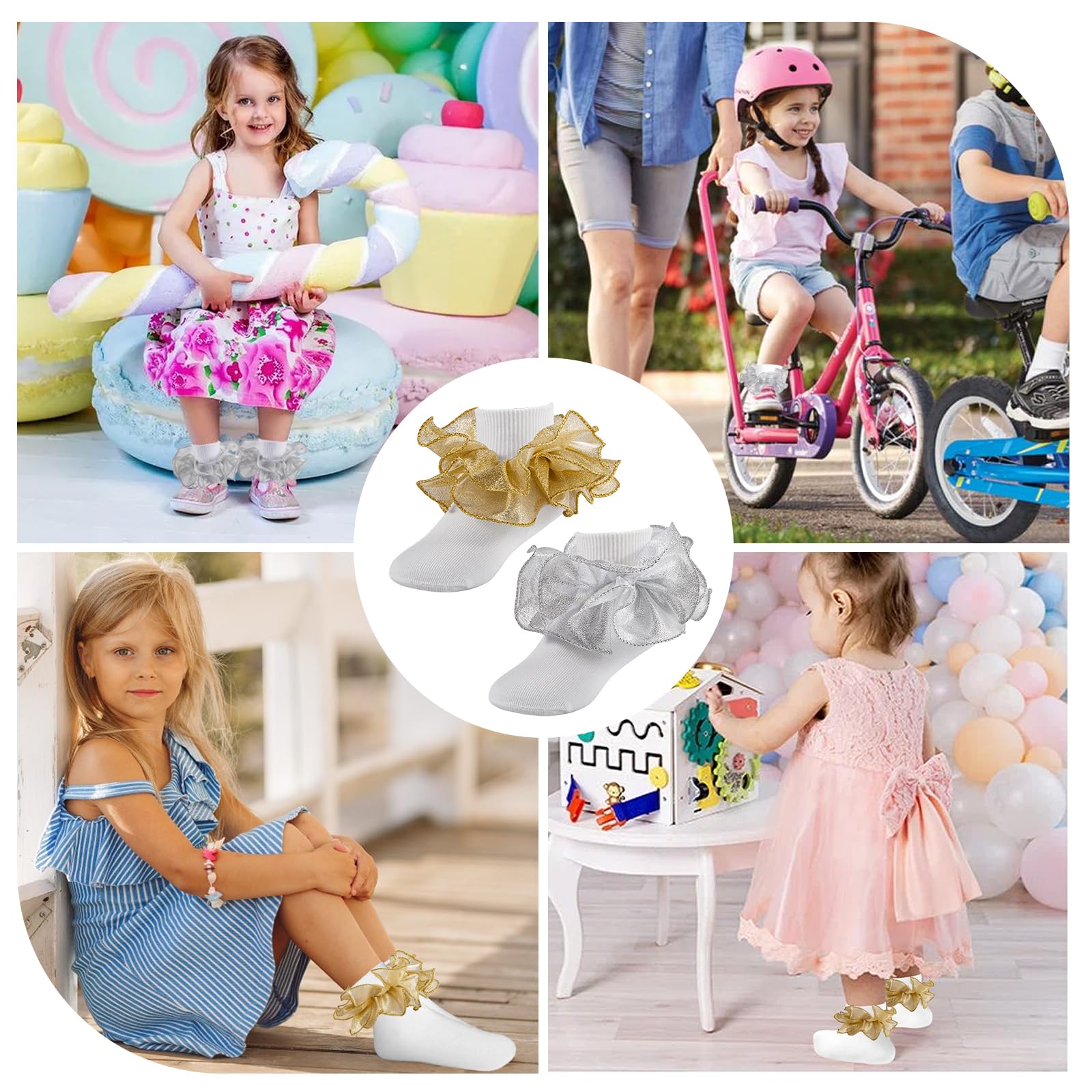 Big Ruffle Socks for Girls - Lace Frilly Dress Socks with Turn Cuff in White & Gold | Princess Style Kids Socks for Parties, Dresses & Special Occasions