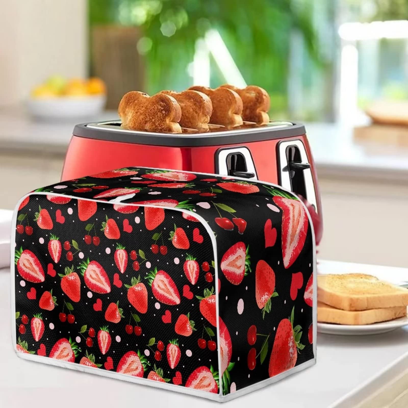 FOR U DESIGNS Strawberry Print Bread Machine & Toaster Oven Cover - Fashionable, Durable & Washable 2-Slice Toaster Cover for Small Kitchen Appliances - Perfect for Countertop Protection & Stylish Kitchen Decor