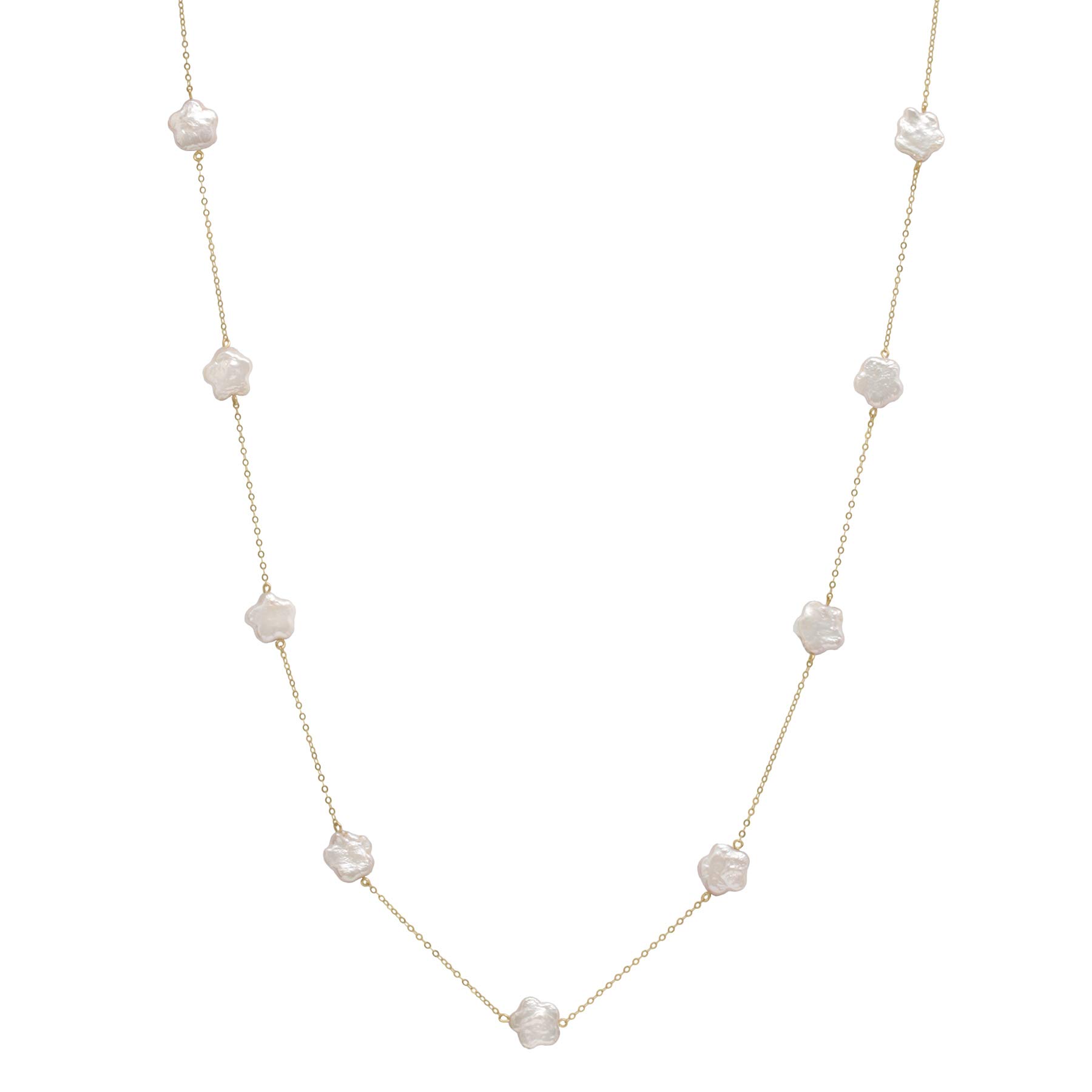 14K Yellow Gold Star Coin Cultured Freshwater Pearl Tin Cup Chain Necklace - 20