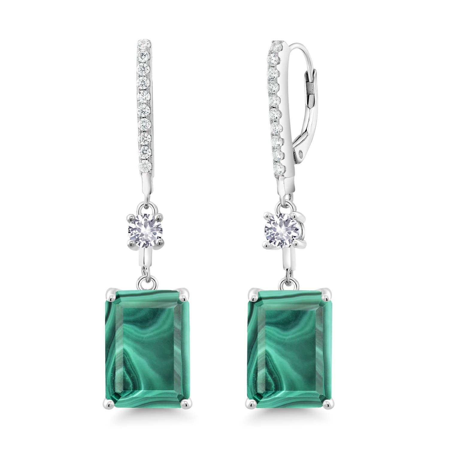 20.80 Ct Green Malachite & White Created Sapphire Sterling Silver Earrings - Gem Stone King | Elegant Dangle Earrings for Women, Perfect for Weddings, Parties & Special Occasions
