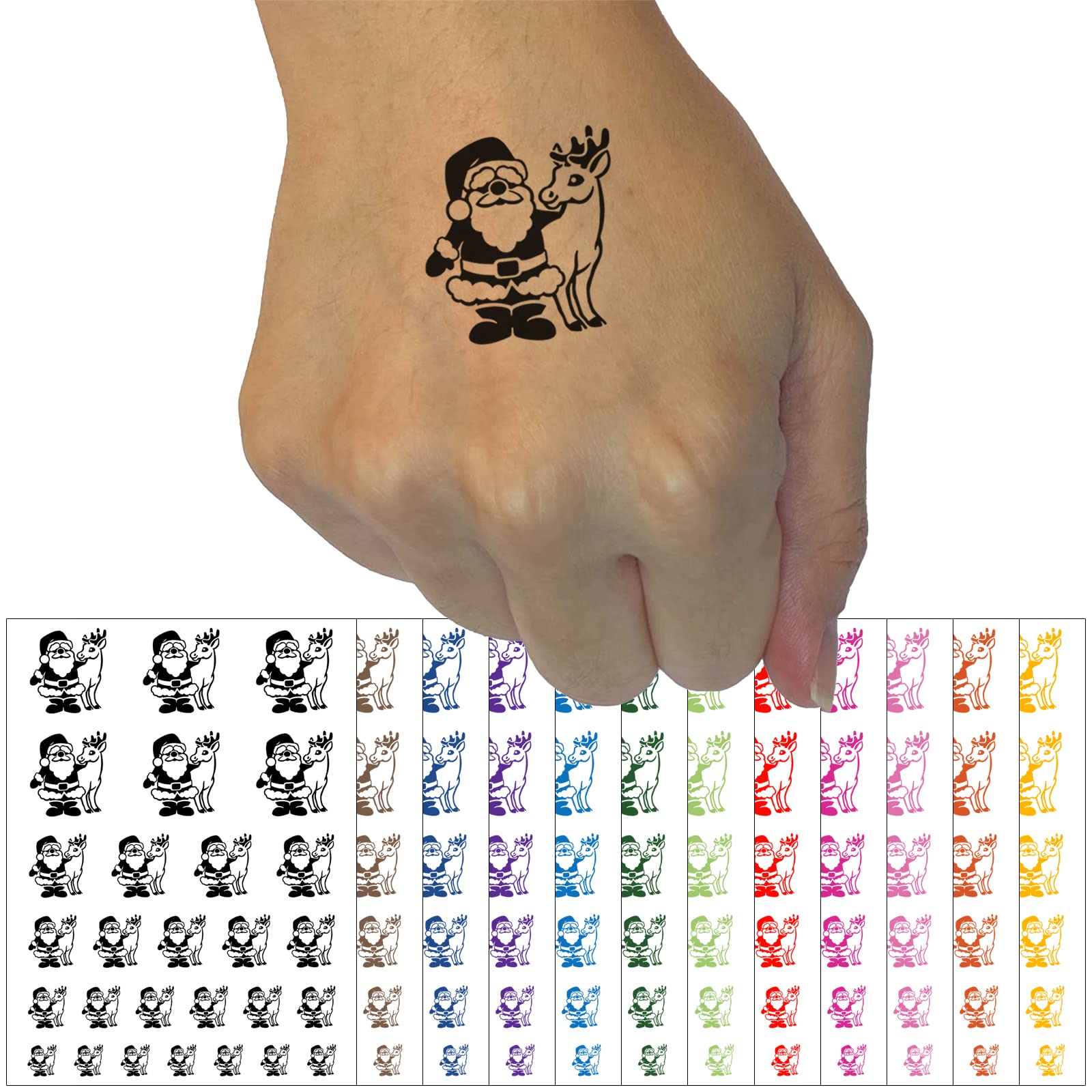 Santa Claus Standing with Reindeer Christmas Temporary Tattoo - Waterproof Fake Body Art Stickers Set (Black, 1 Sheet) - Perfect for Holiday Parties, Festive Decor & Gift Giving