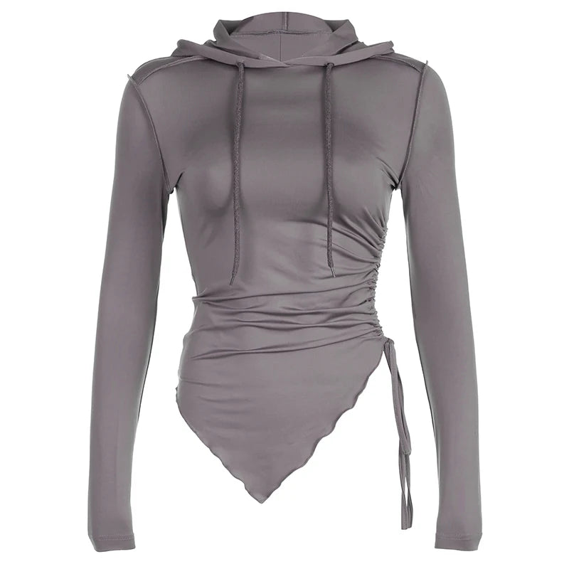 Women's Asymmetrical Stitch Hooded Long Sleeve T-Shirt - Slim Fit Drawstring Harajuku Style Pullover with Shirring Details | Perfect for Autumn Grunge Fashion, Streetwear & Casual Outfits