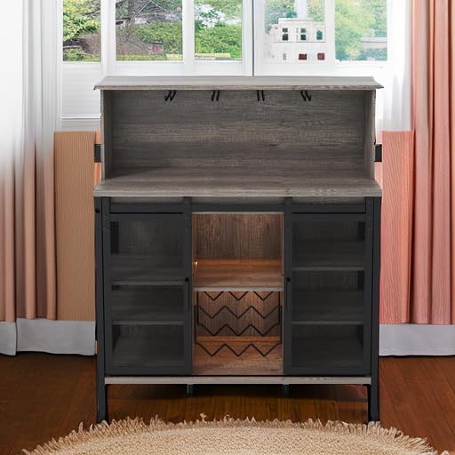 QNICE Farmhouse Coffee & Wine Bar Cabinet with Sliding Barn Door - Rustic Oak Buffet Storage with Wine Rack, Glass Holder & LED Lighting for Kitchen, Living Room, Dining Room - Perfect for Entertaining Guests & Home Decor