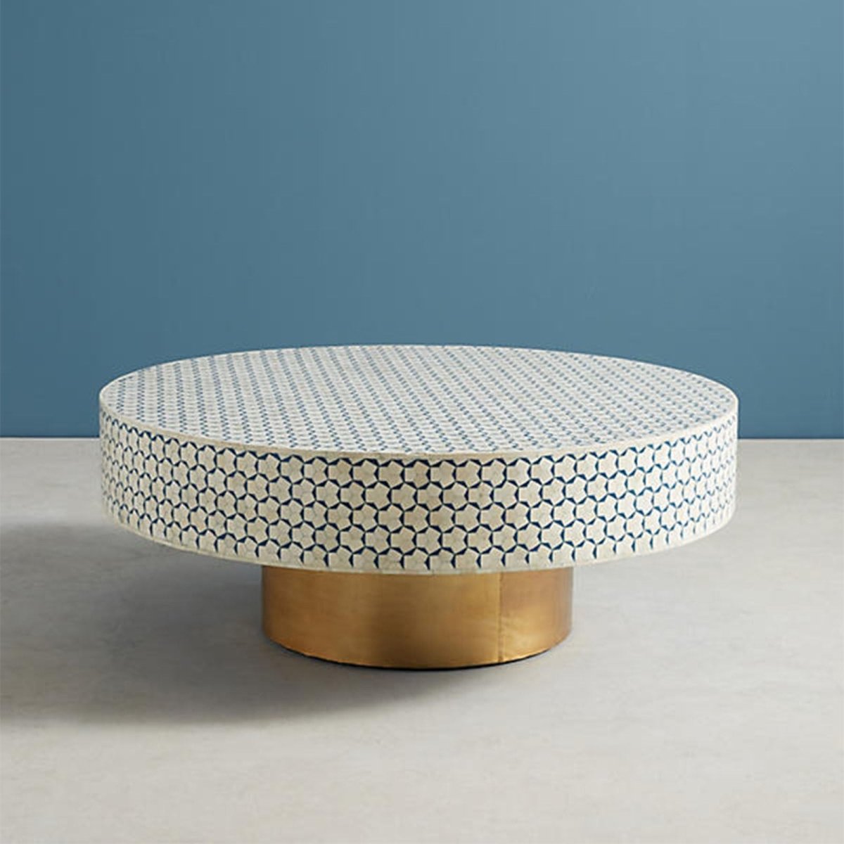 Handmade Moroccan Bone Inlay Coffee Table - Blue & White Geometric Design Center Table for Living Room, Lounge & Home Decor