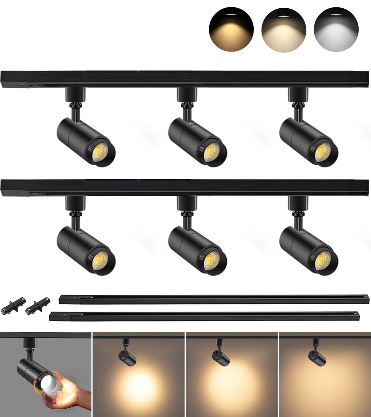 VANoopee 6-Light Dimmable LED Track Lighting Kit - 3 Color Temperature (3000K/4000K/6000K), 10W 1000lm Spotlight with 6.6FT H-Type Rail - Modern Adjustable Ceiling Lights for Kitchen, Living Room, Retail & Gallery Lighting