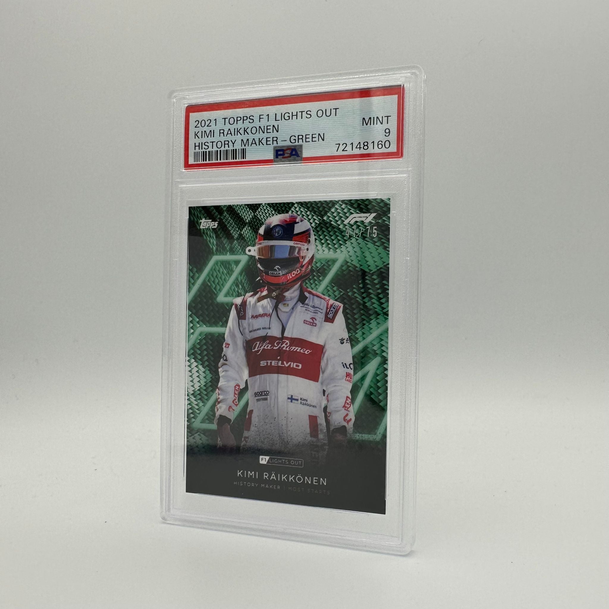 PSA 9 Graded 47/75 Kimi Raikkonen History Maker Trading Card - Rare Collectible for F1 Fans & Sports Memorabilia Enthusiasts (Perfect for Display, Investment, and Racing Memorabilia Collections)