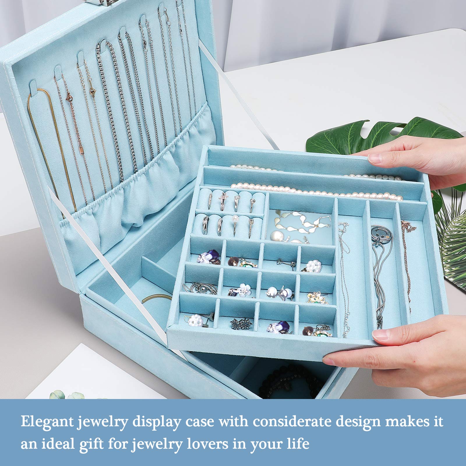 ProCase Velvet Jewelry Box Organizer for Women - 2 Layer Jewelry Display Storage Case for Necklaces, Earrings, Bracelets & Rings - Blue - Perfect for Travel, Home Decor & Gift Giving