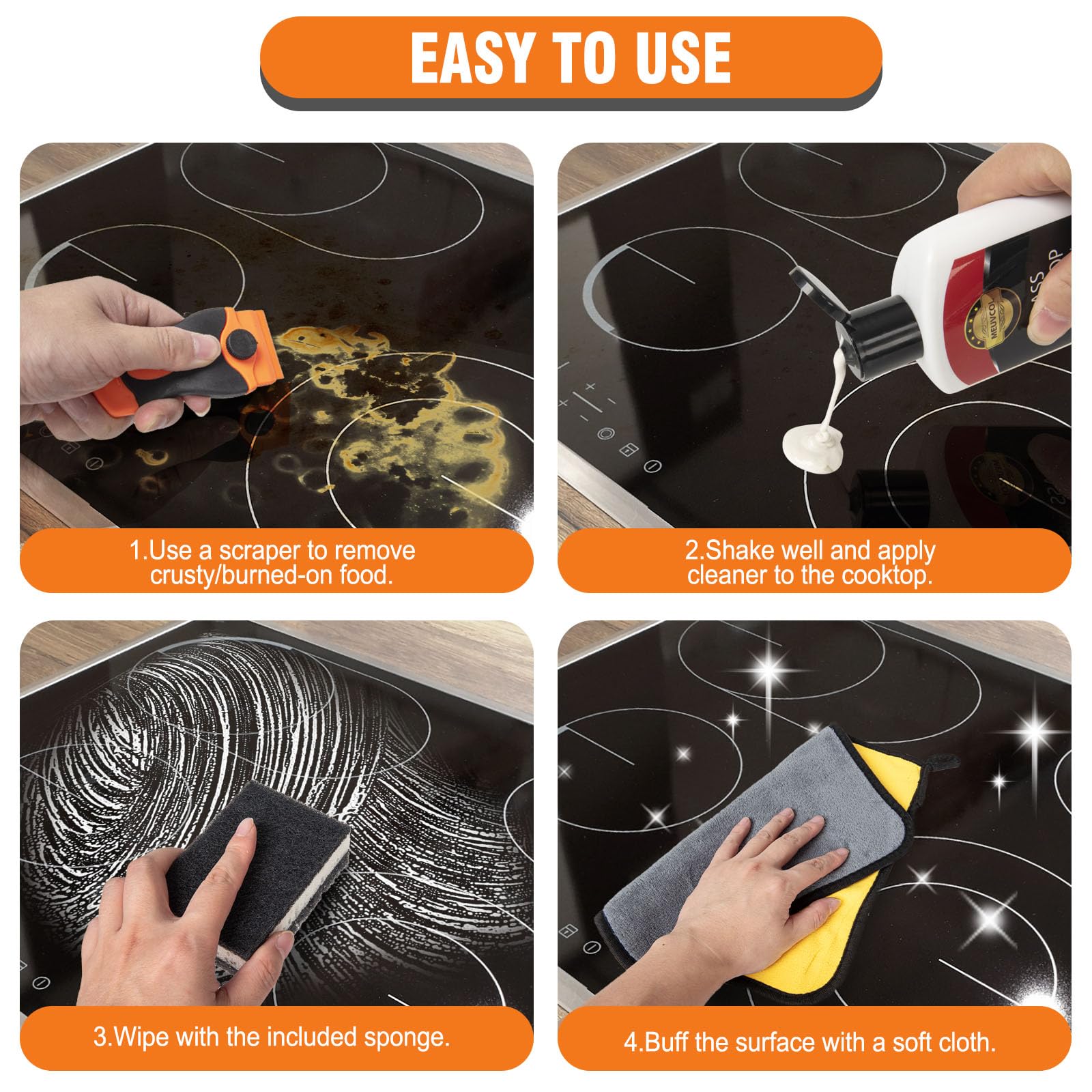 Premium Glass Stove Top Cleaner Kit - 12 Oz Non-Abrasive Cooktop Cleaner & Polish for Ceramic, Electric, Induction & Gas Stoves - Includes Scrubbing Pad, Scraper & Microfiber Cloth - Perfect for Daily Cleaning & Tough Burned-On Stains