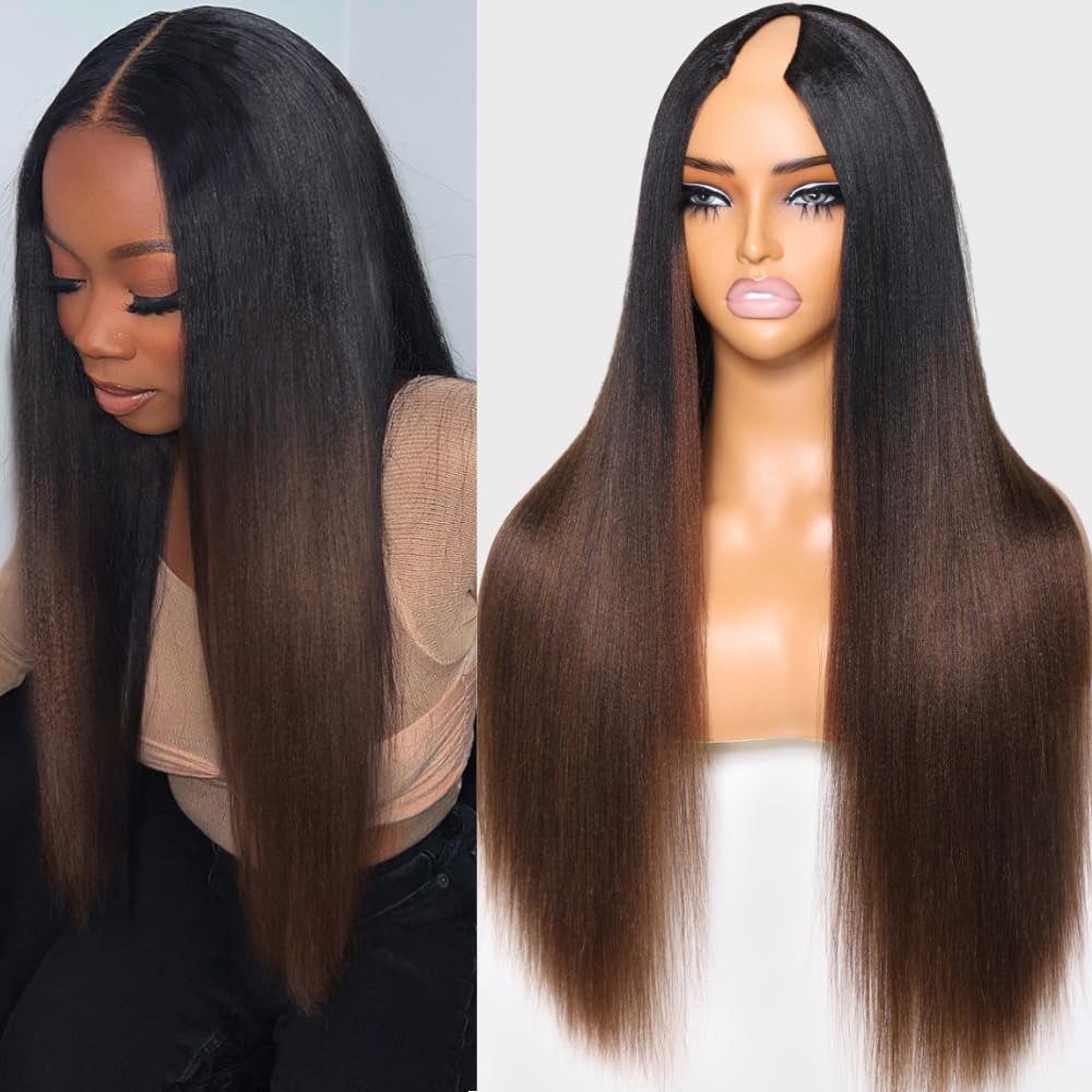 KLAIYI Ombre Brown V Part Human Hair Wig - Yaki Straight 24 Inch Glueless U Part Wig with Dark Roots, No Glue No Lace, Easy Wear & Go for Beginners | Perfect for Daily Wear, Parties, Cosplay & Protective Styling