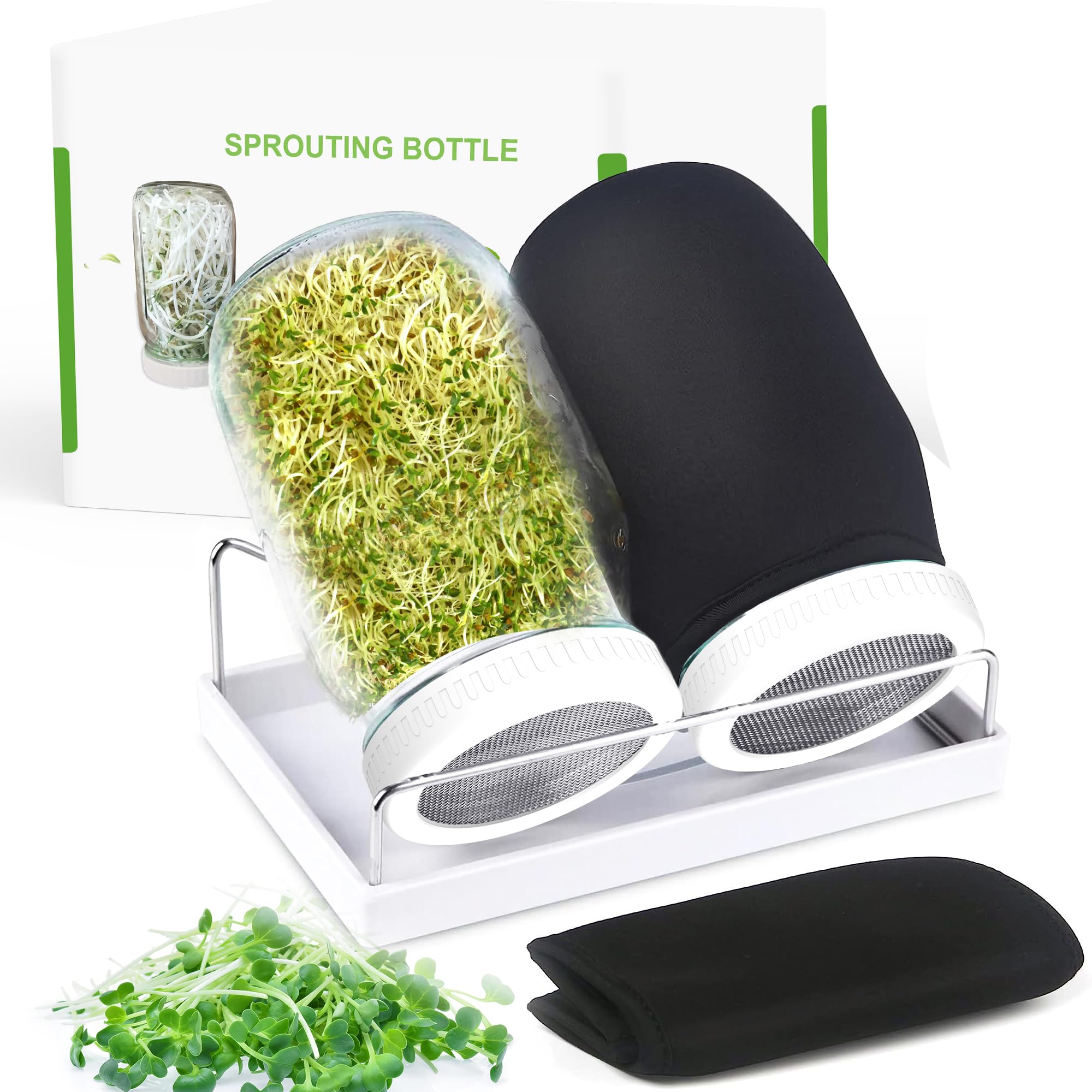 Organic Seed Sprouting Kit - 2 Wide Mouth Mason Jars with Mesh Lids, Blackout Sleeves & Drain Tray | Stainless Steel Stand for Growing Bean, Broccoli, Alfalfa Sprouts | Perfect for Home Gardening, Healthy Snacks & Vegan Recipes (White)