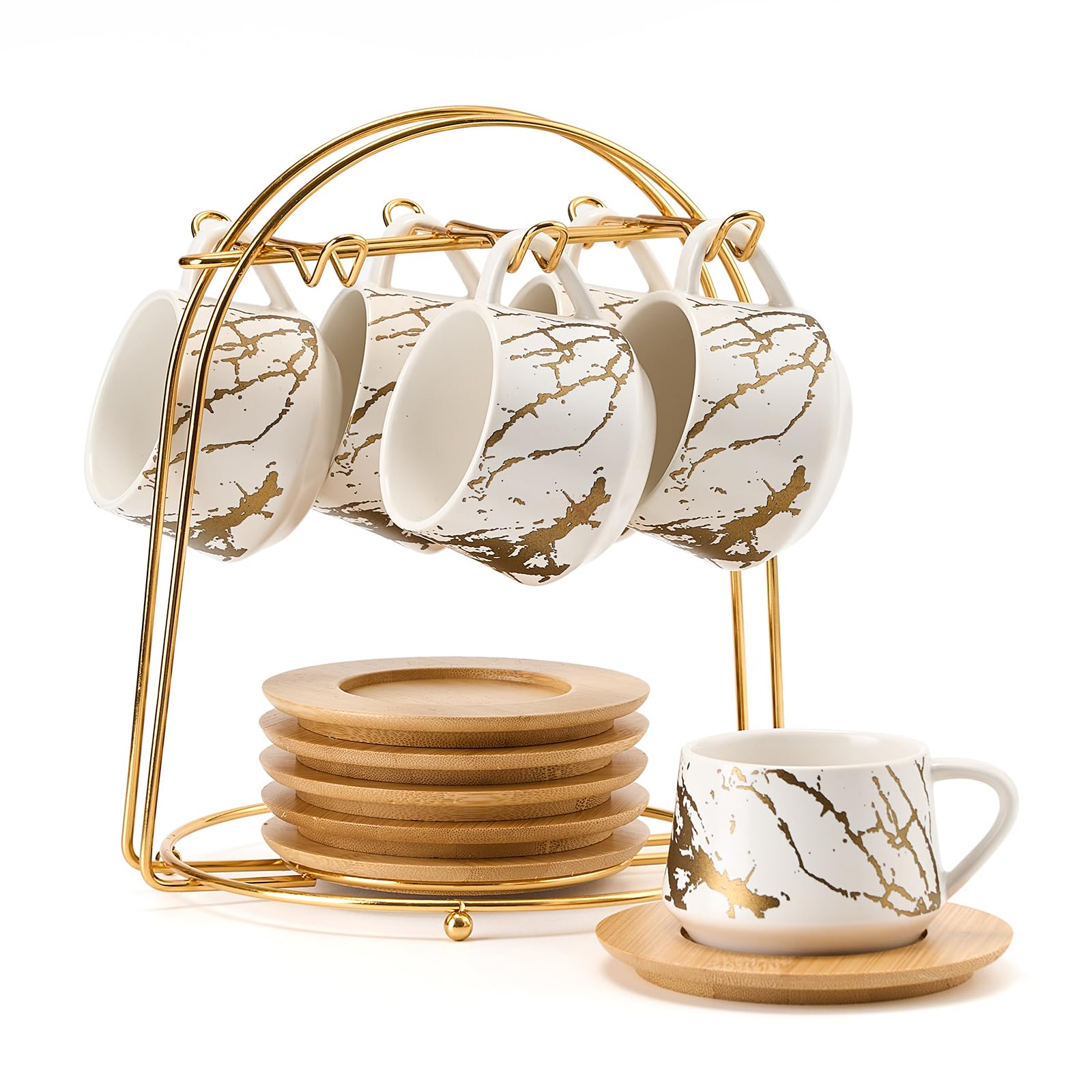 LUKA 6-Piece Ceramic Espresso Cups Set with Saucers & Metal Stand - 4 oz Small Porcelain Demitasse Cups for Double Espresso, Cappuccino, Tea - Elegant Marbling White Design - Perfect for Home Coffee Bars, Cafés & Gifts