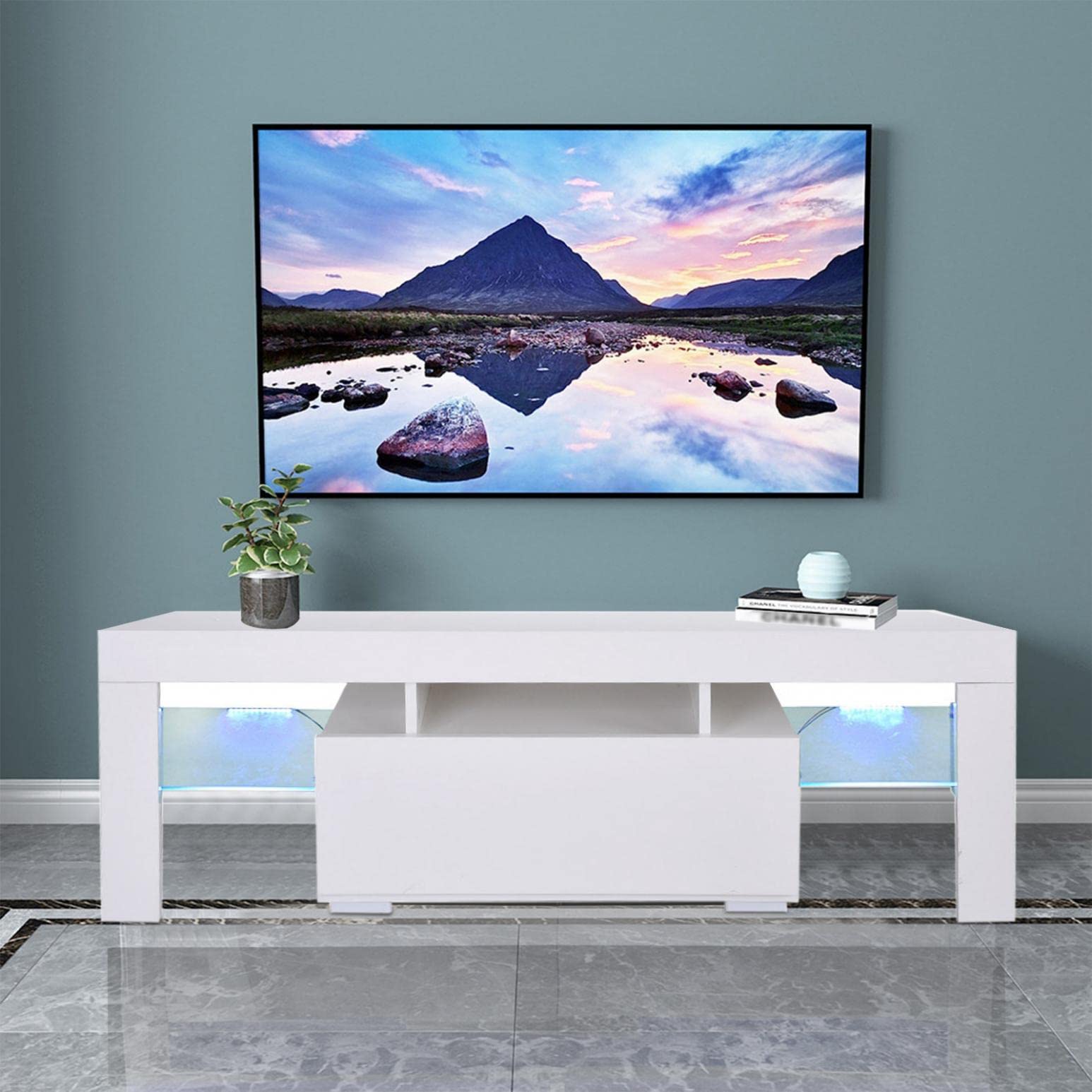 Modern TV Stand for 65 Inch TV with RGB LED Lights, Storage Drawer & Open Shelves - High Gloss Mid Century Design Media Console for Living Room, Gaming Setup & Cable Box Organization