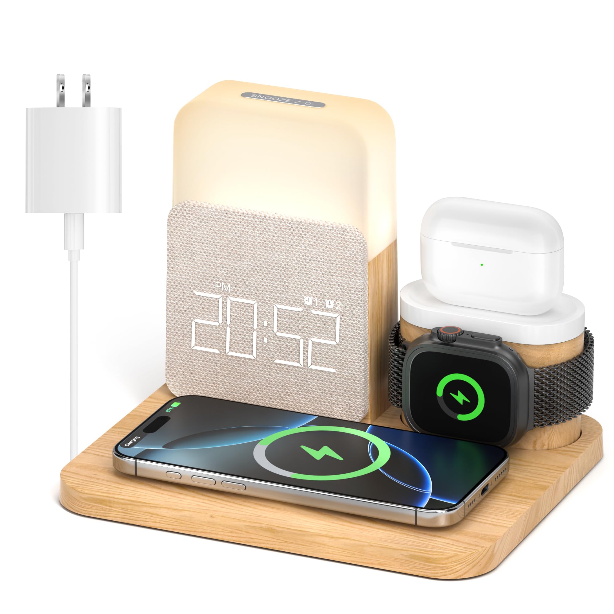 7-in-1 Wireless Charging Station with Alarm Clock & Night Light - MagSafe Charger for iPhone 16/15/14/13/12 Pro Max, Apple Watch & AirPods - Perfect Bedside Organizer for Bedrooms, Office & Travel
