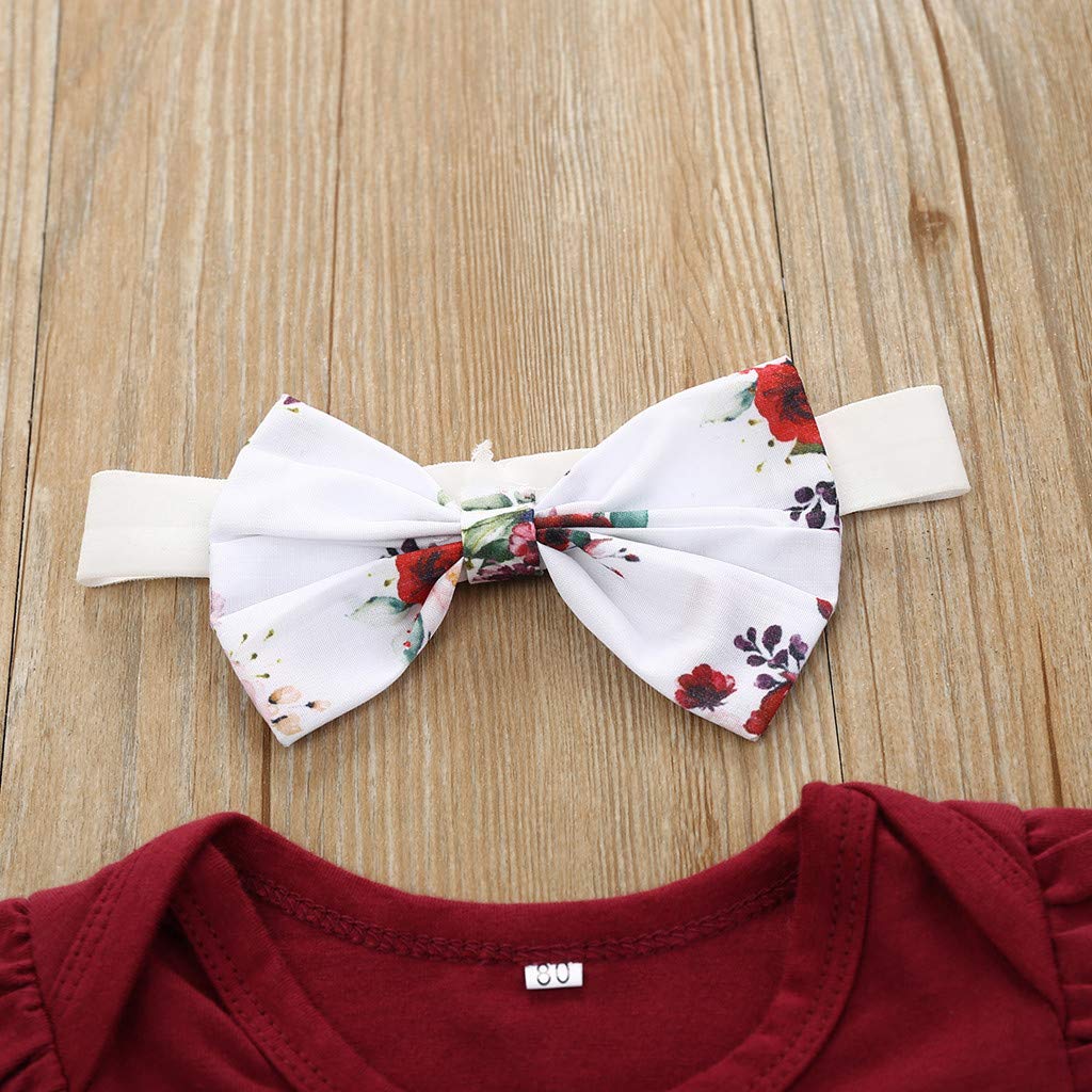 12-18 Months Baby Girl Outfits 3-Piece Set - Floral Romper Jumpsuit with Bowknot Shorts | Soft Cotton Infant Clothes for Newborn, Photo Shoots & Coming Home Outfits (Wine Red)