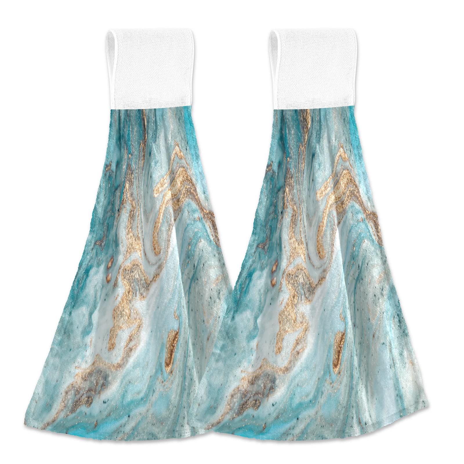 Premium Blue & White Marble Print Kitchen Hand Towels - Super Absorbent, Decorative Hanging Towels with Loop - Set of 2 for Kitchen, Bathroom & Home Decor - Perfect for Cooking, Cleaning & Adding Elegant Touch