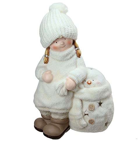 17.25 Inch White Tealight Snowman with Standing Girl - Christmas Candle Holder for Holiday Decor, Winter Table Centerpiece, and Festive Home Decoration