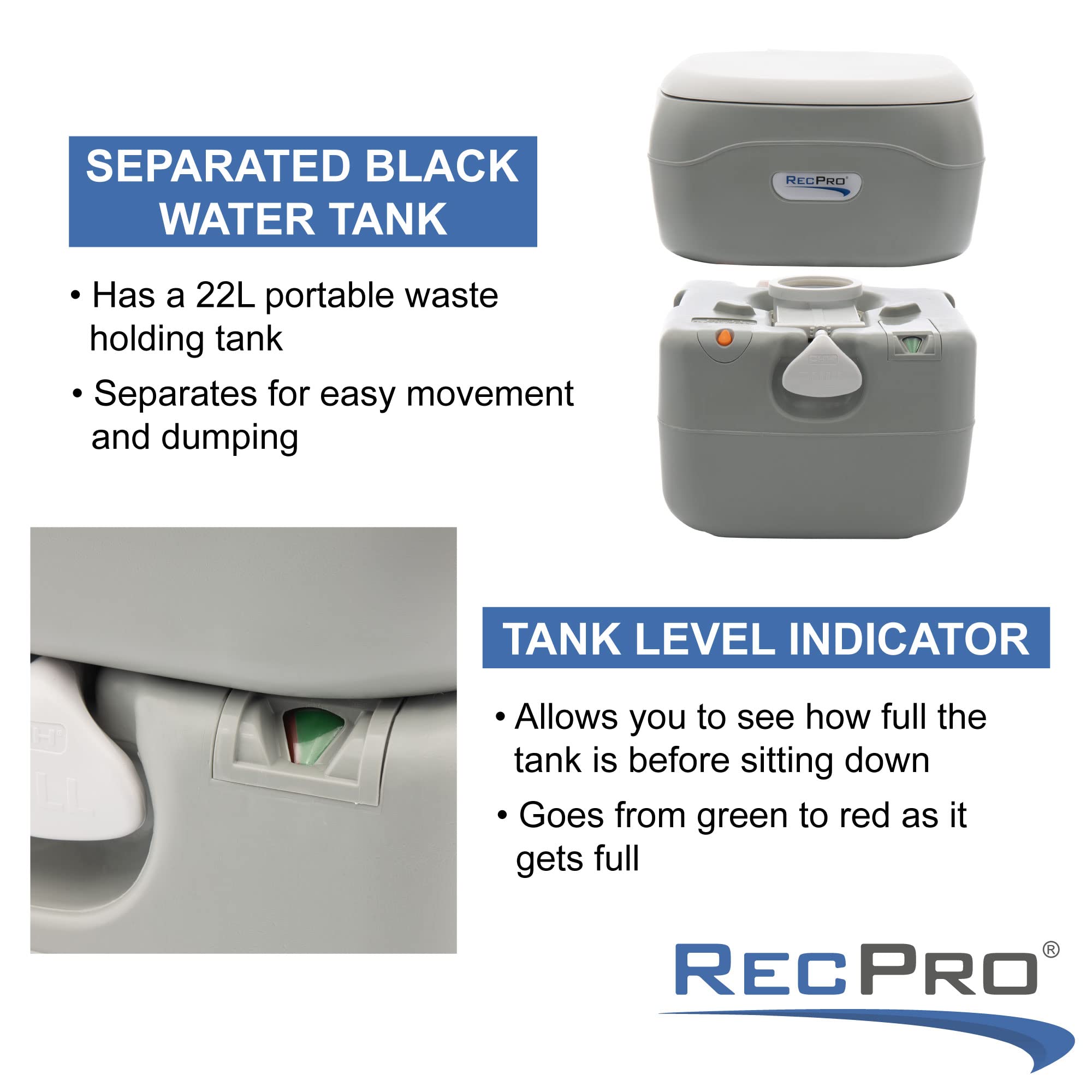 RecPro RV Toilet 5.8 Gallon Portable - Lightweight Camping & Travel Toilet with Level Indicator | 12L Fresh Water Tank & 22L Waste Tank | Perfect for RVs, Campers, Boats & Outdoor Adventures